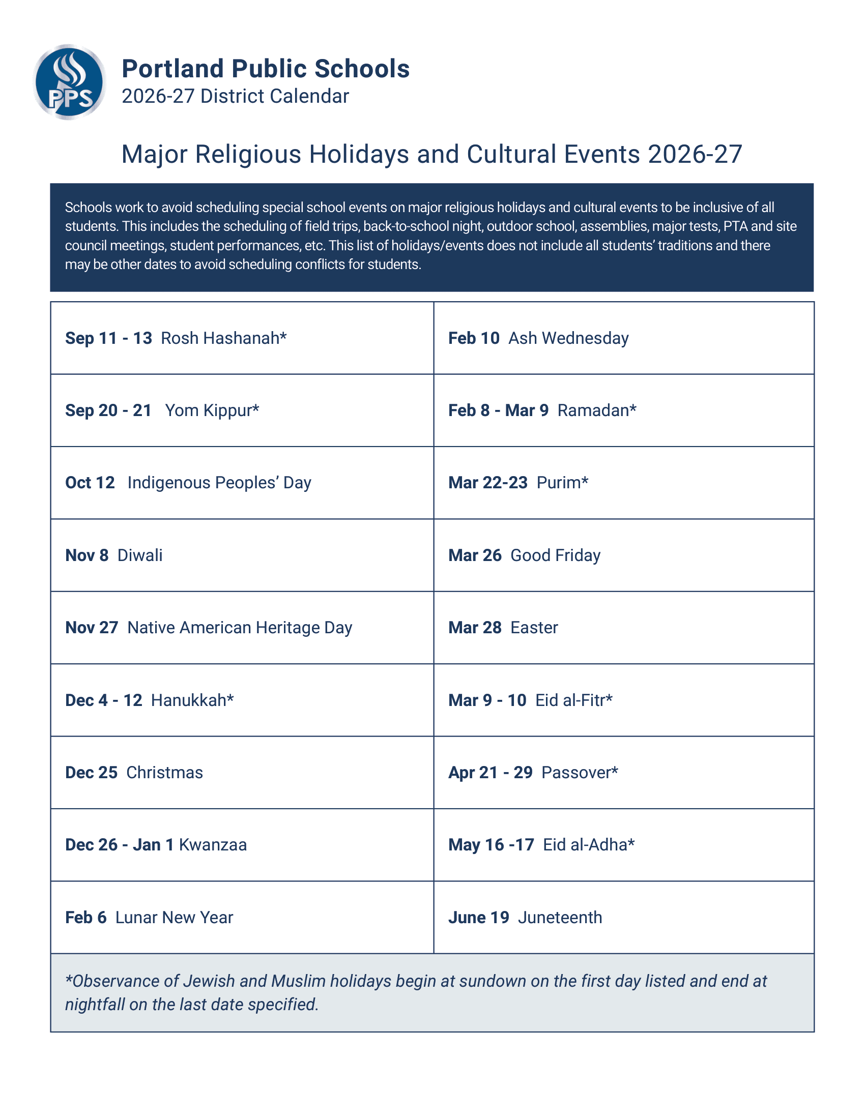 Portland Public Schools Calendar 26-27 PDF