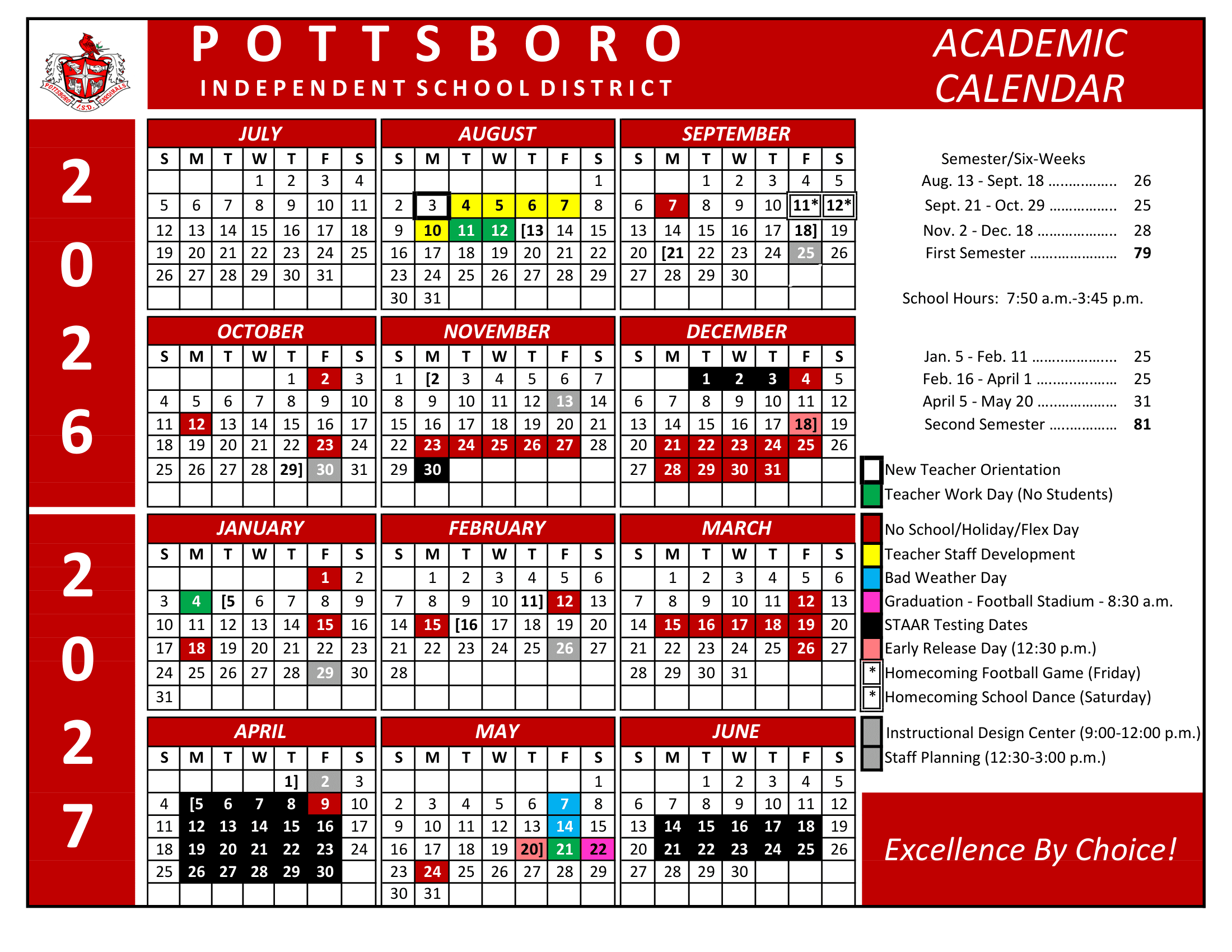 Pottsboro Independent School District Calendar 26-27 pdf