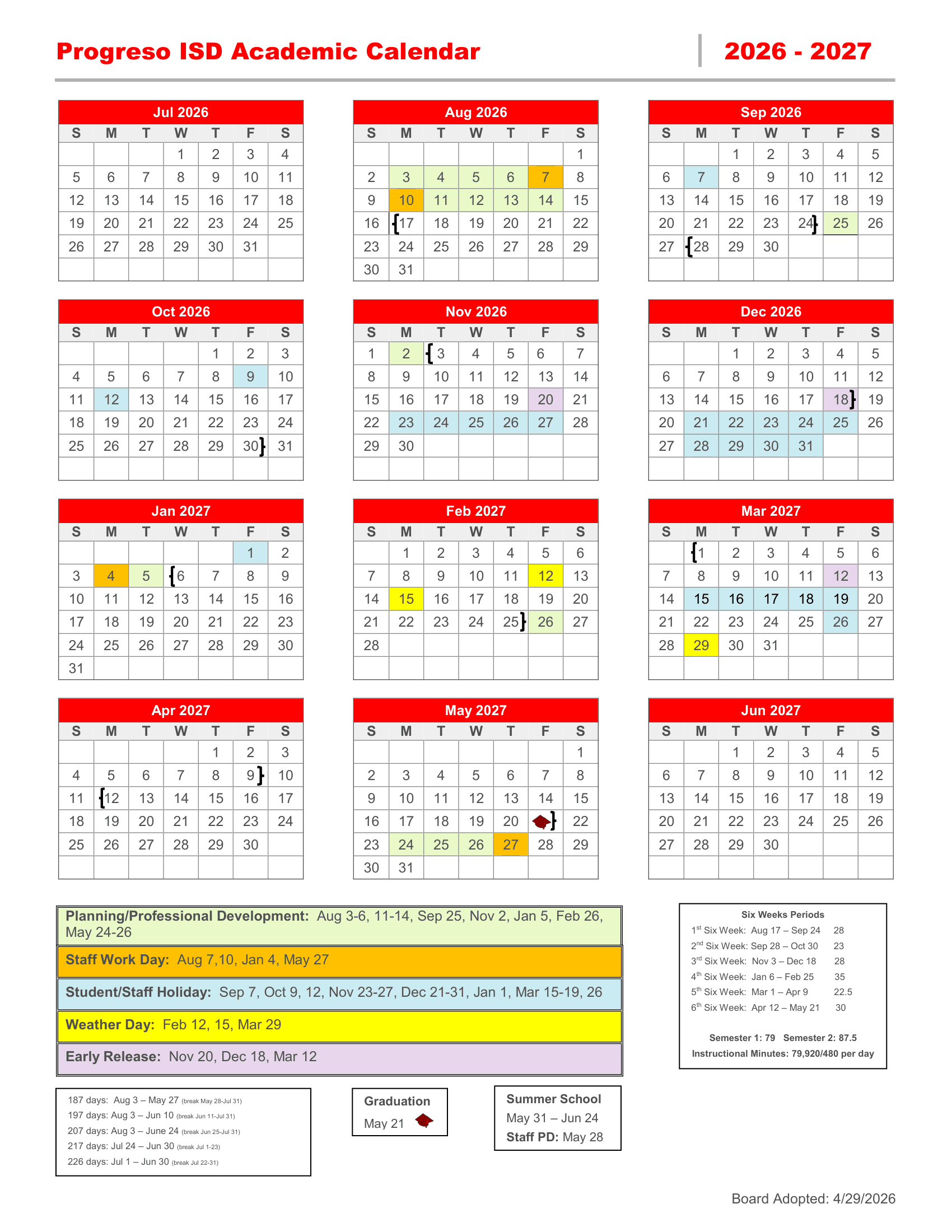 Progreso ISD Calendar 26-27 pdf