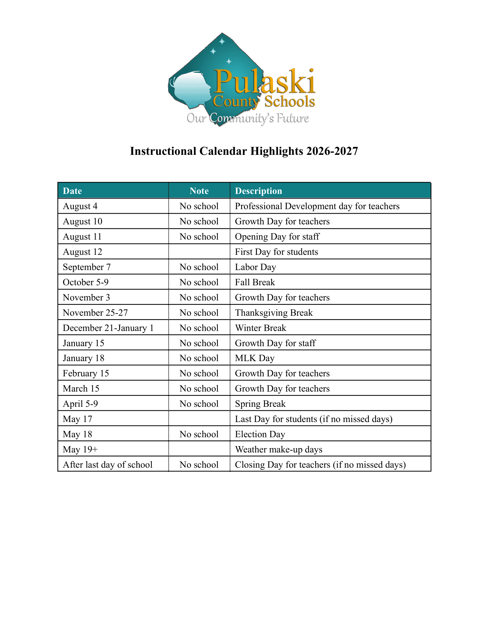 Pulaski County Schools Calendar 26-27 Revised