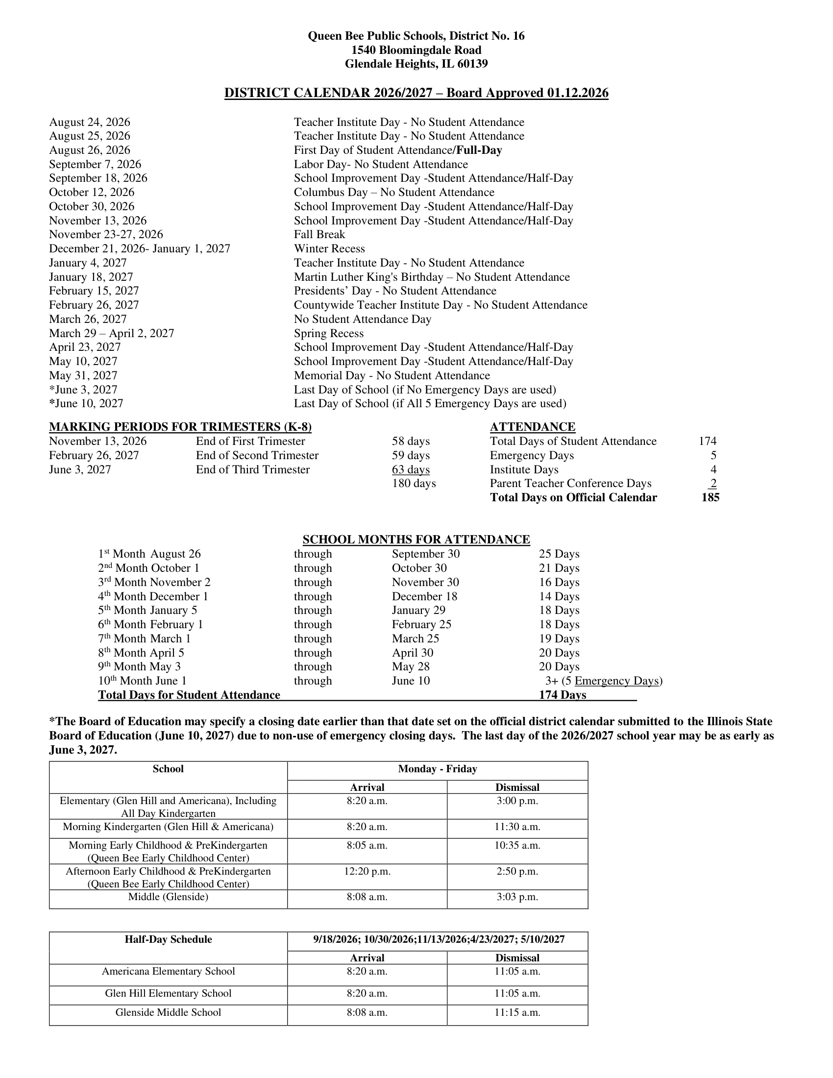 Queen Bee Public Schools, District No. 16 Calendar 26-27 pdf