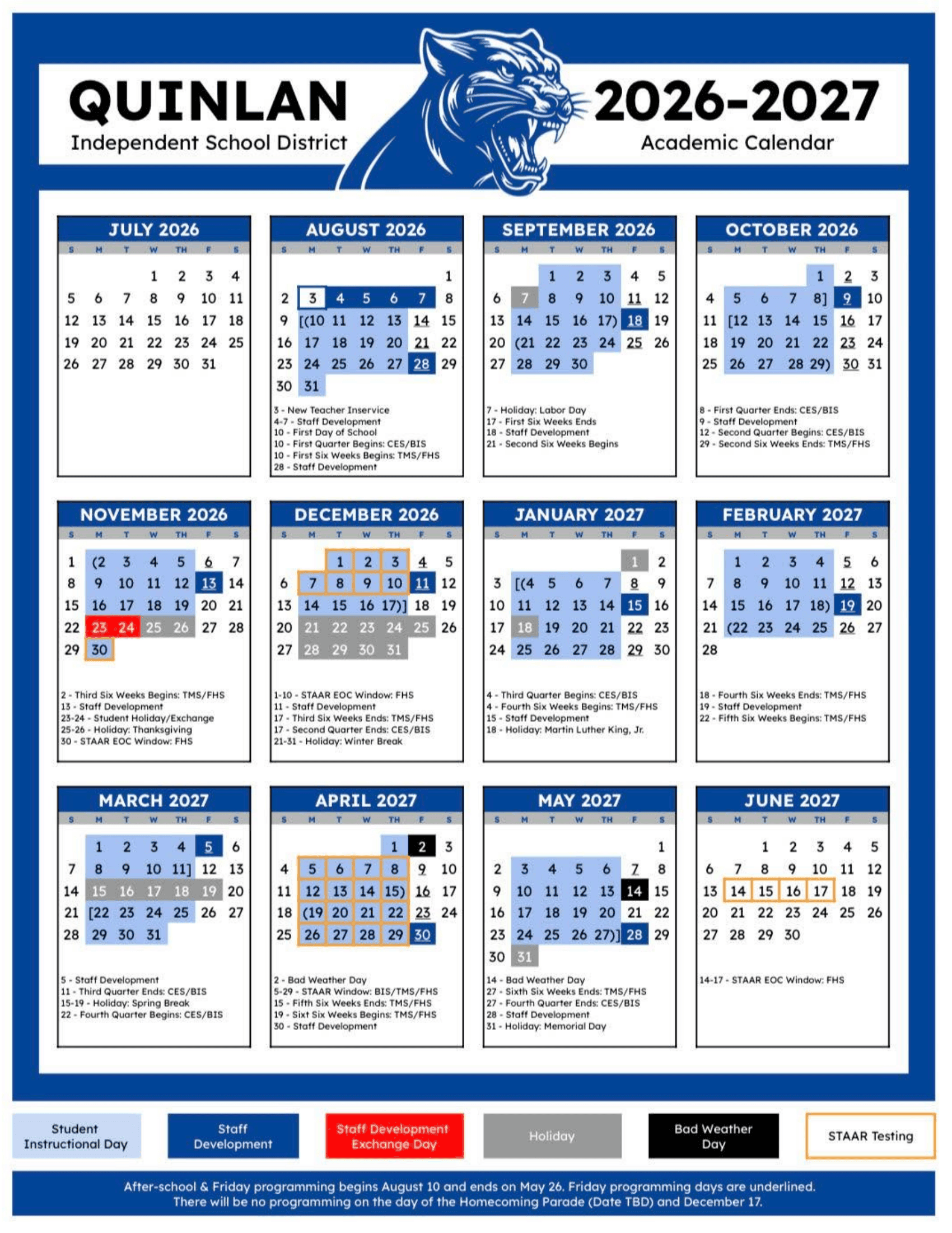 Quinlan Independent School District Calendar 26-27 Revised