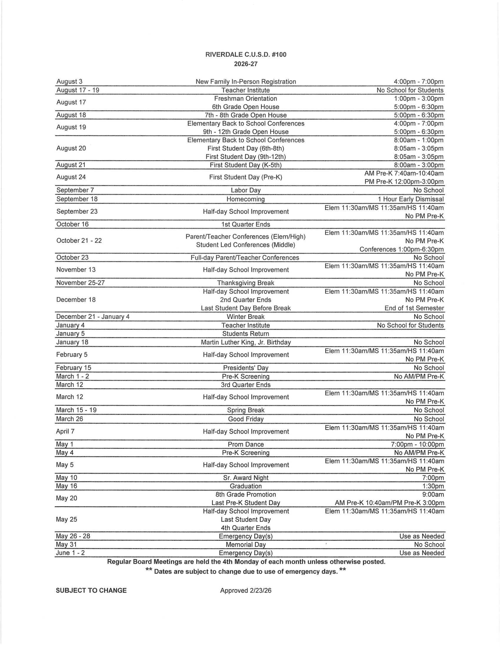 RIVERDALE C.U.S.D. #100 Calendar 26-27 Revised
