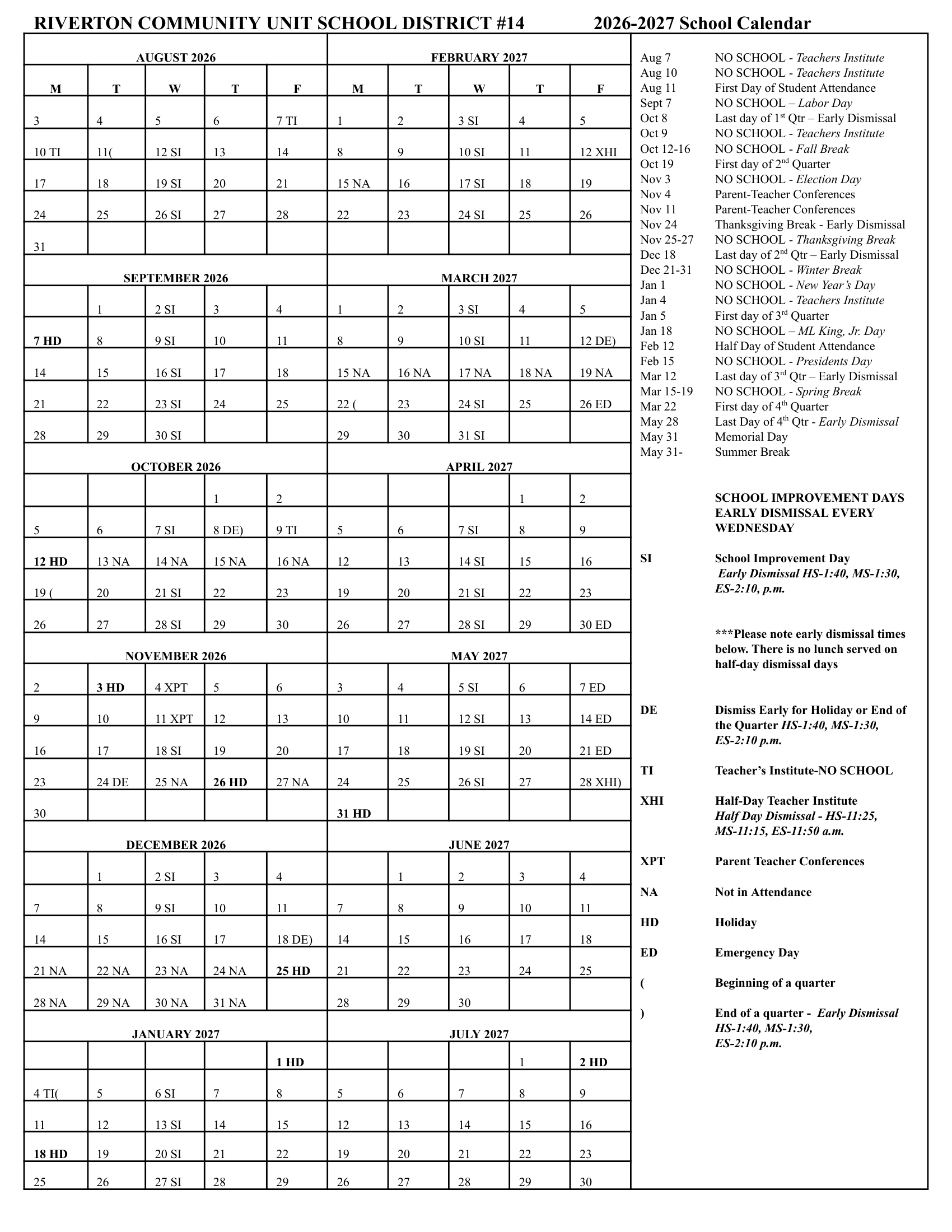 RIVERTON COMMUNITY UNIT SCHOOL DISTRICT #14 Calendar 26-27 Revised