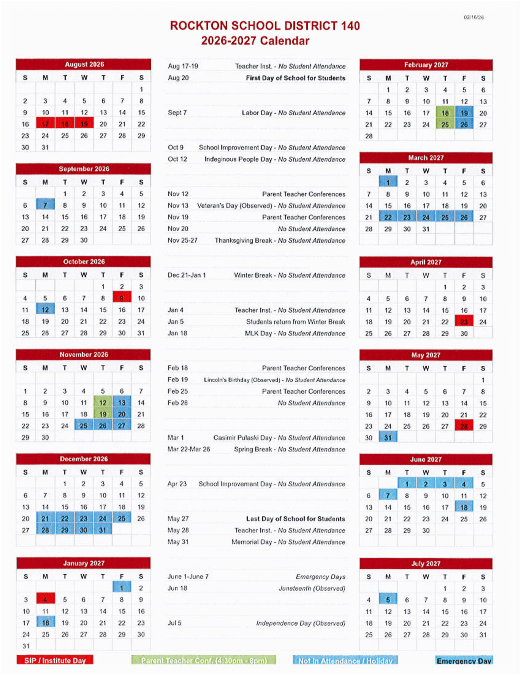 ROCKTON SCHOOL DISTRICT 140 Calendar 26-27 pdf