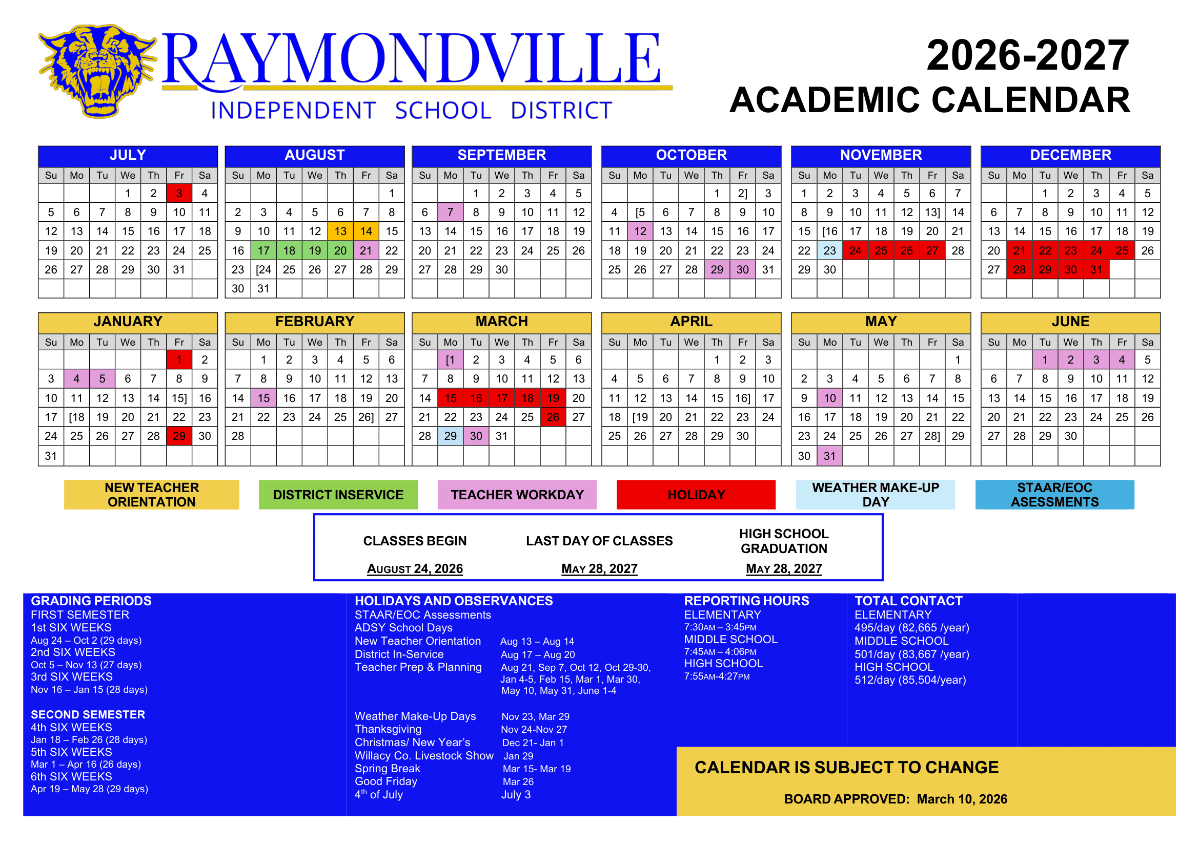 Raymondville Independent School District Calendar 26-27 pdf