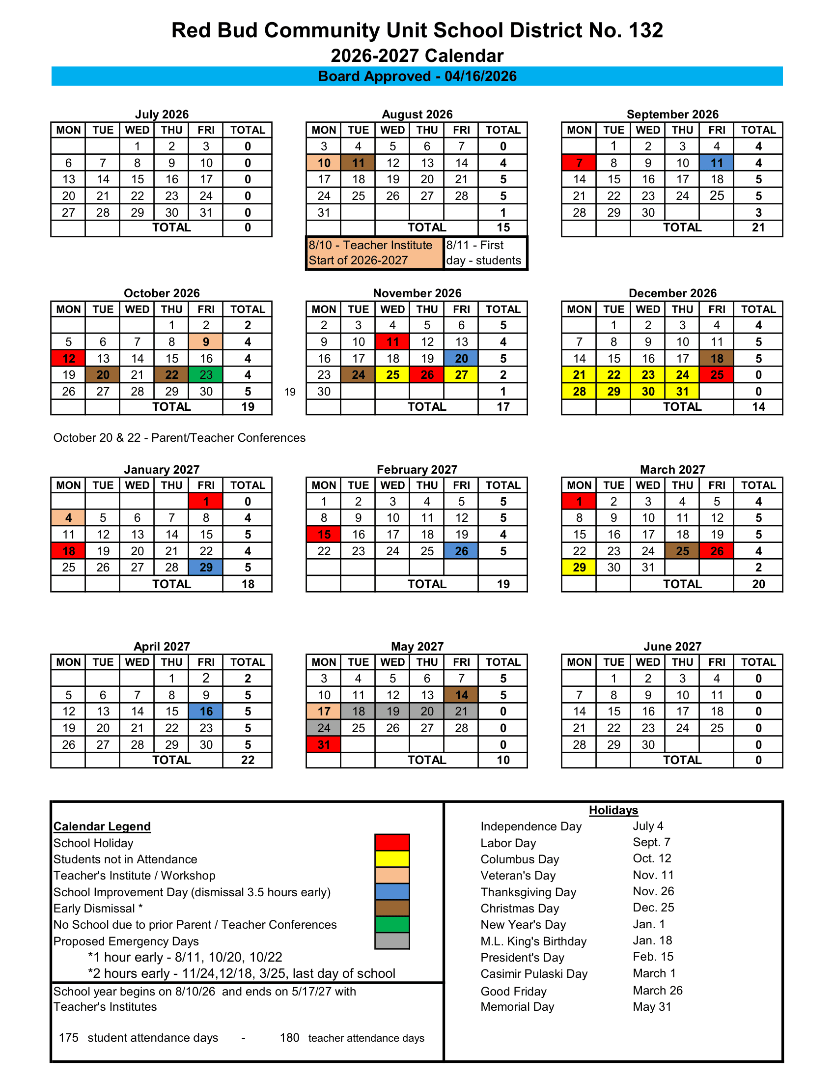 Red Bud Community Unit School District No. 132 Calendar 26-27 Revised