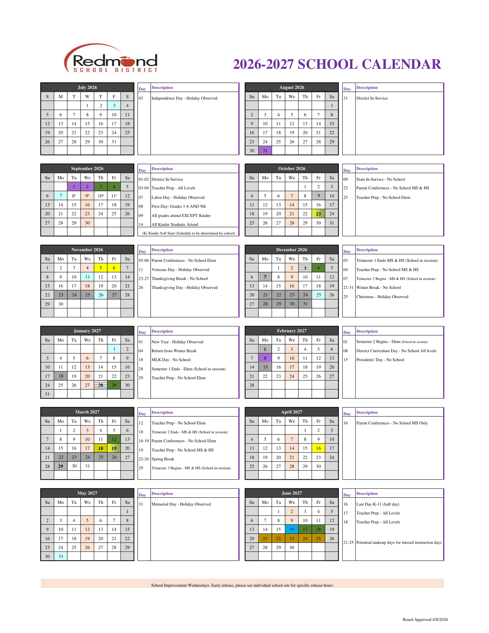 Redmond School District Calendar 26-27 PDF