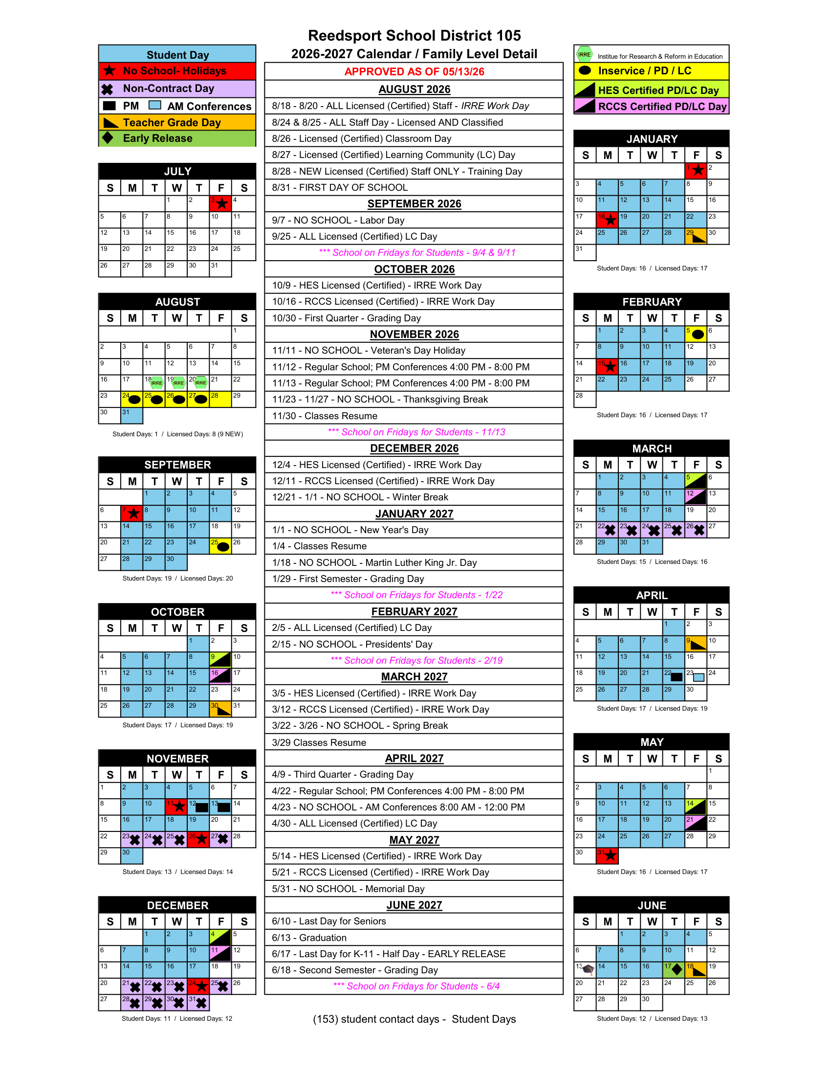 Reedsport School District 105 Calendar 26-27 PDF