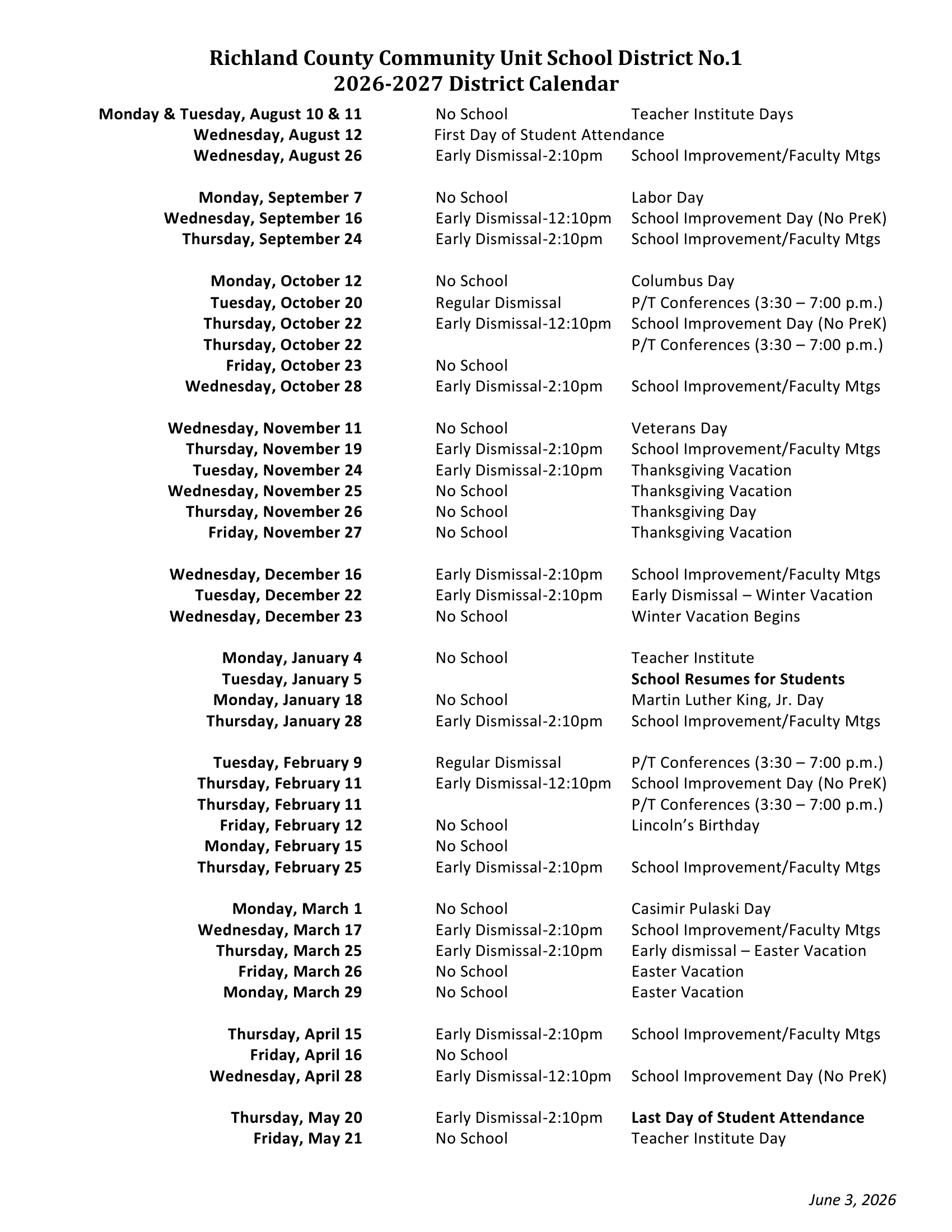 Richland County Community Unit School District No.1 Calendar 26-27 pdf
