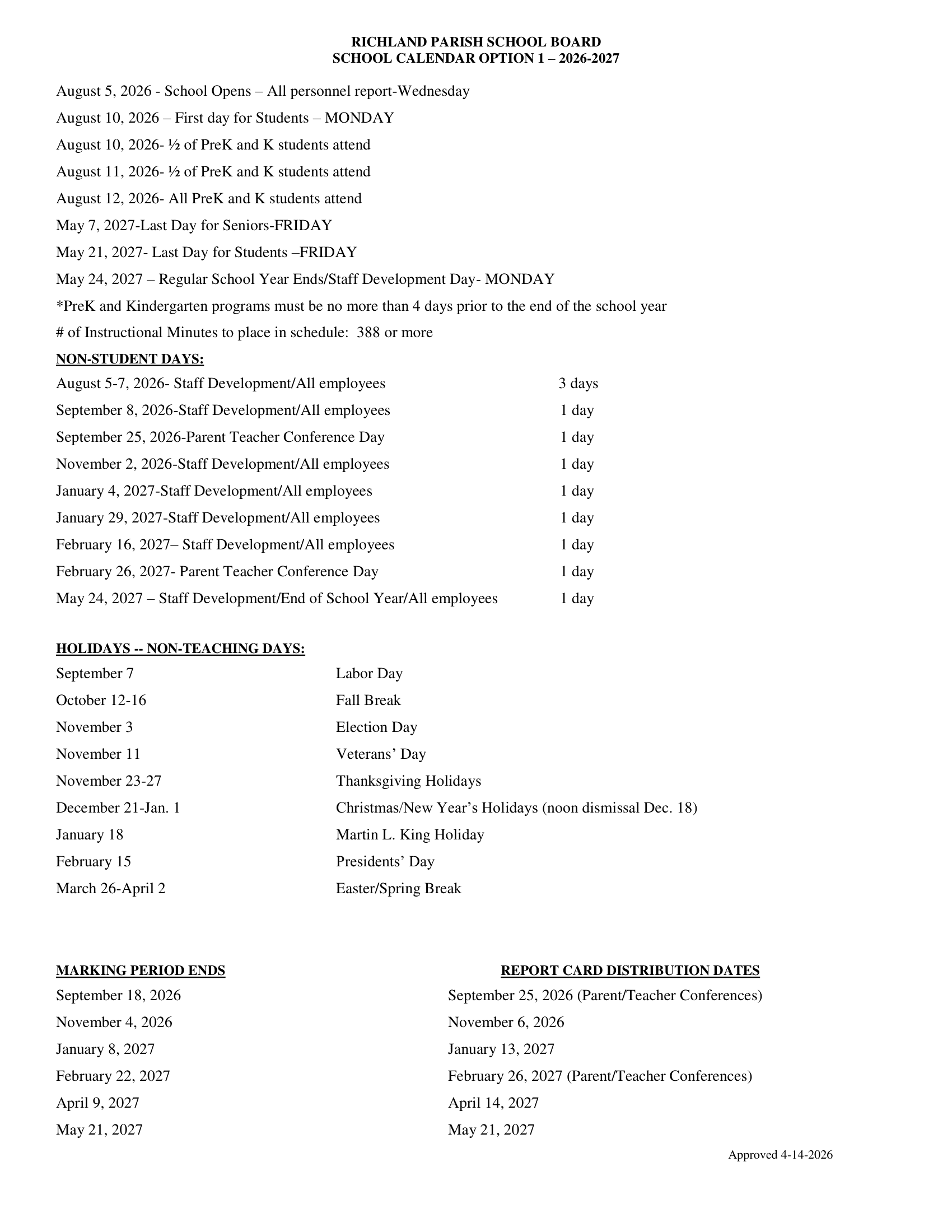 Richland Parish School Board Calendar 26-27 pdf