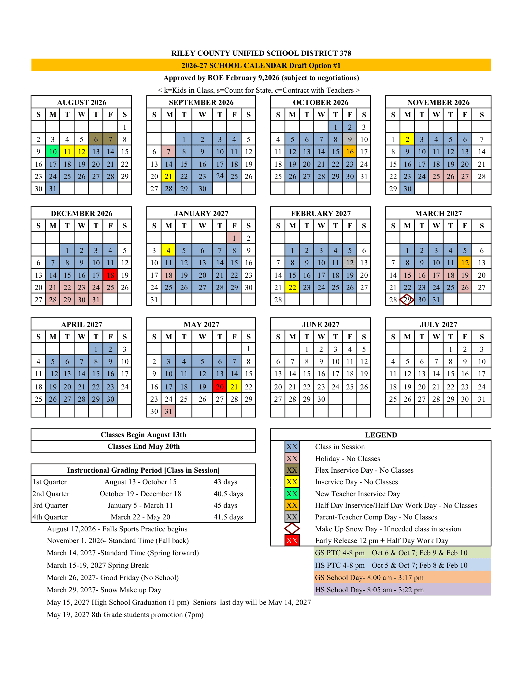 Riley County Unified School District 378 Calendar 26-27 Revised