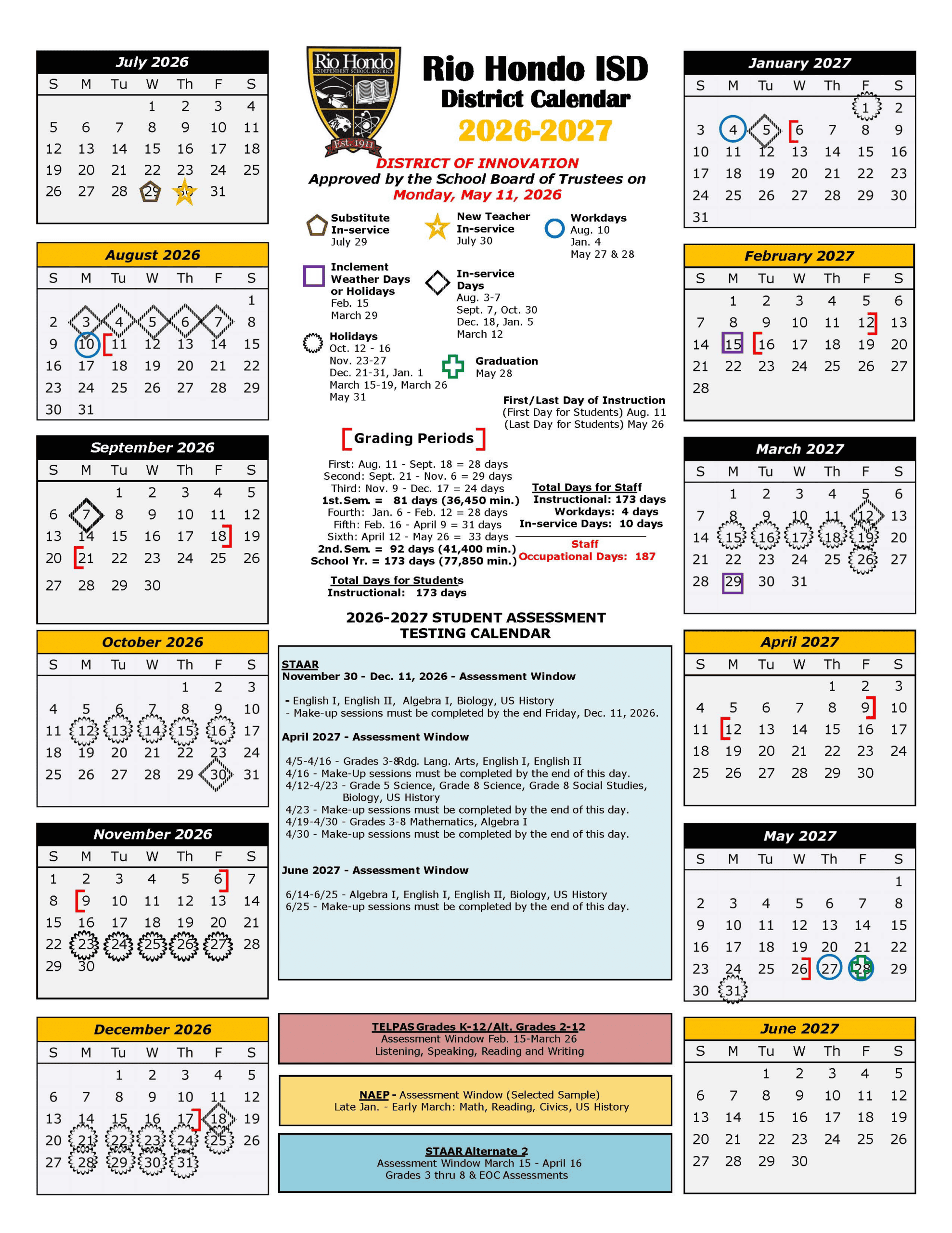 Rio Hondo ISD Calendar 26-27 pdf
