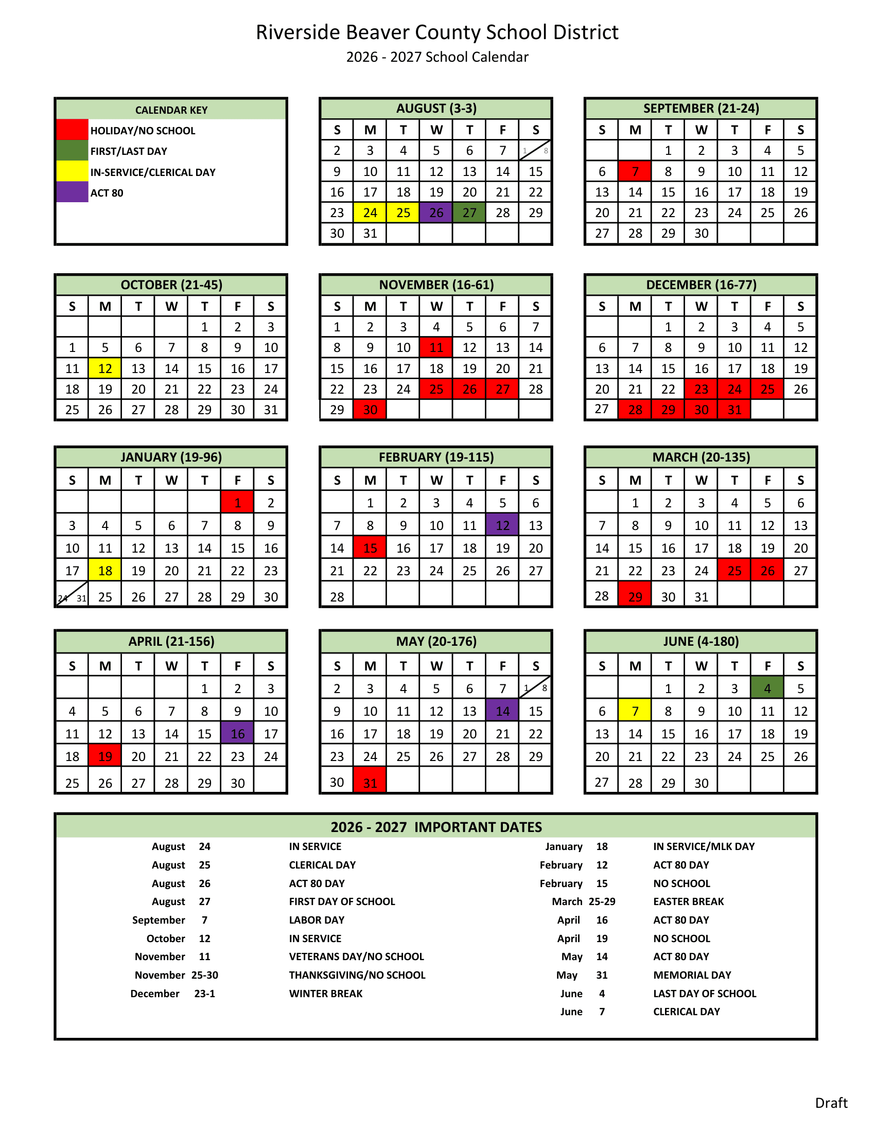 Riverside Beaver County School District Calendar 26-27 pdf