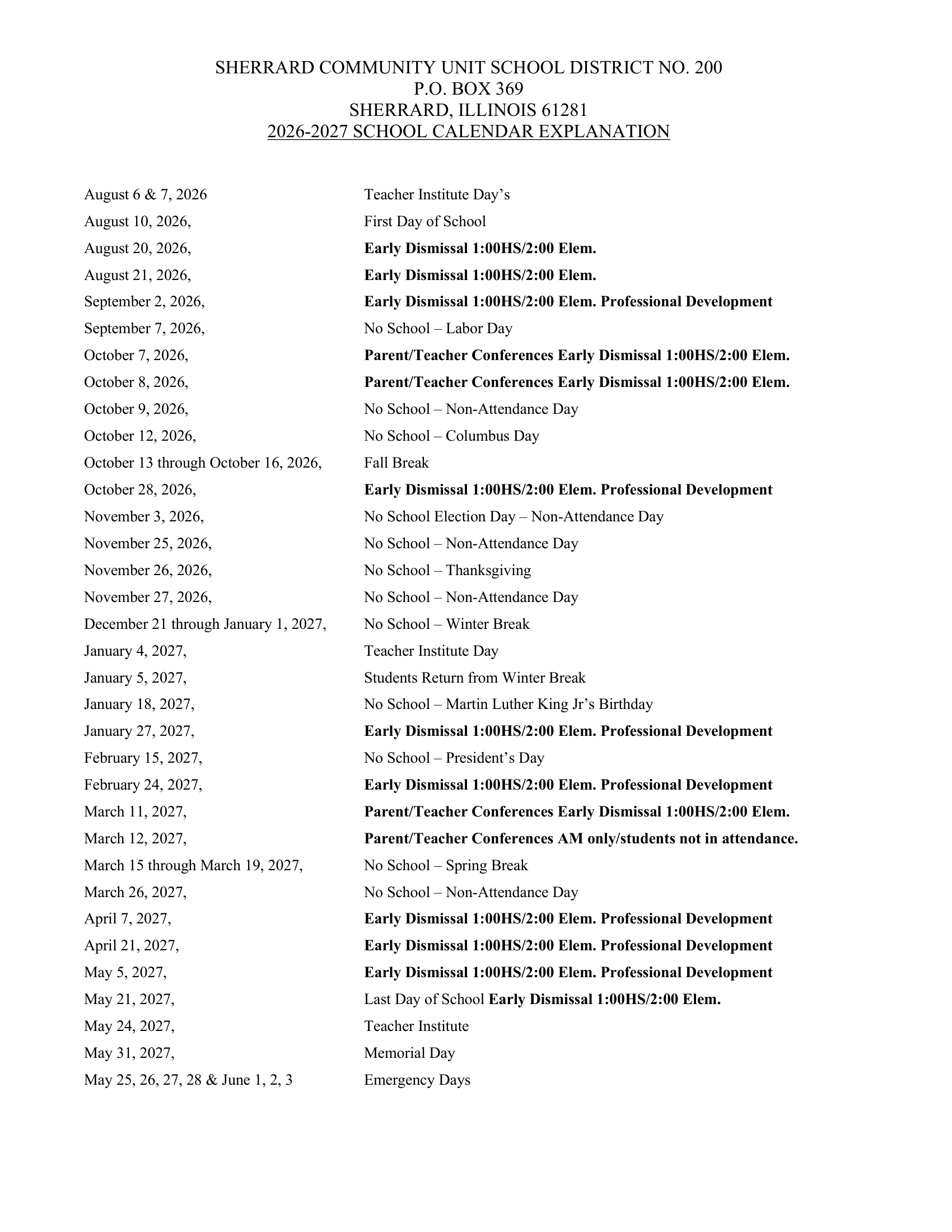 SHERRARD COMMUNITY UNIT SCHOOL DISTRICT NO. 200 Calendar 26-27 Revised