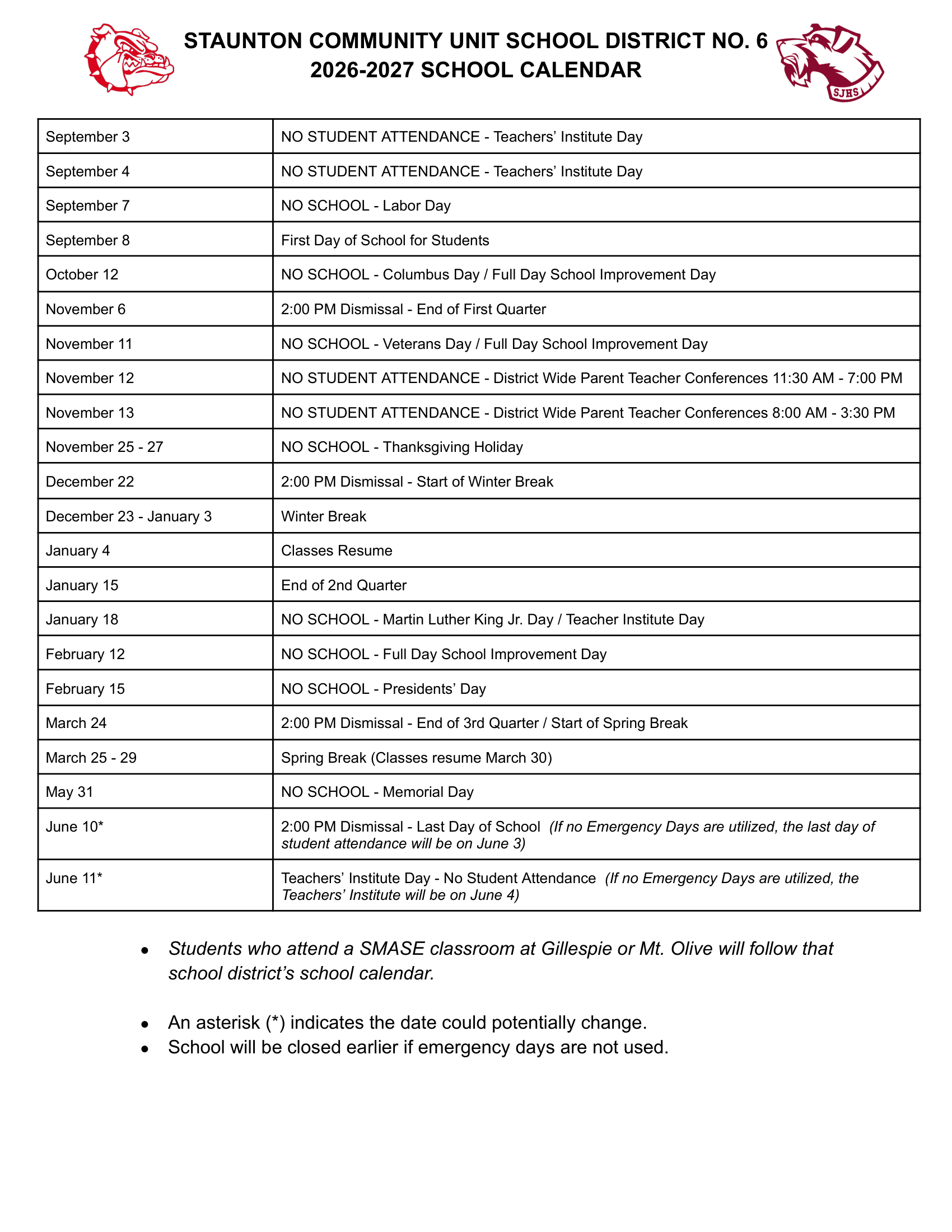 STAUNTON COMMUNITY UNIT SCHOOL DISTRICT NO. 6 Calendar 26-27 Revised