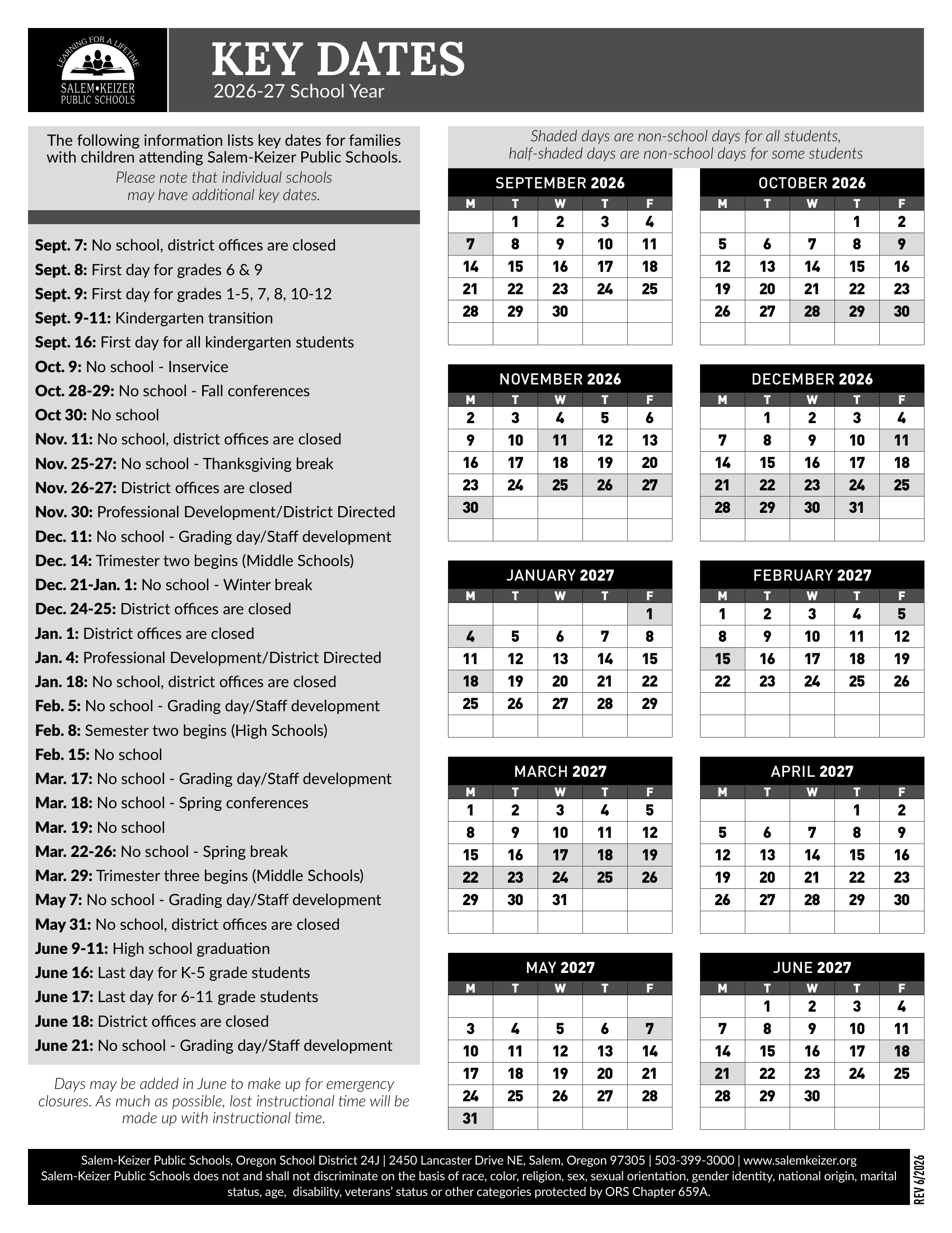 Salem-Keizer Public Schools Calendar 26-27 PDF