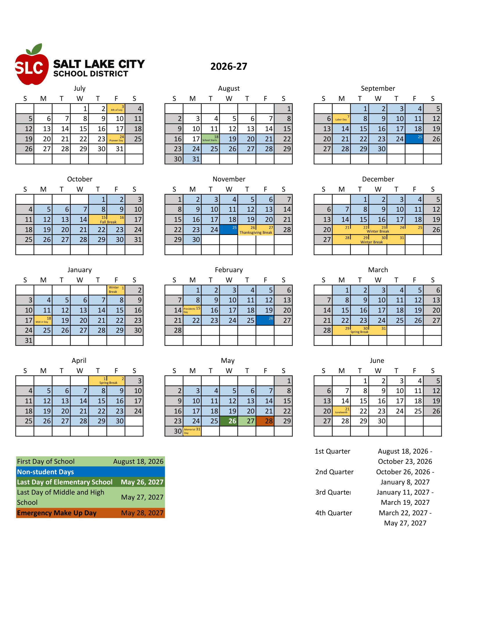Salt Lake City School District Calendar 26-27 PDF