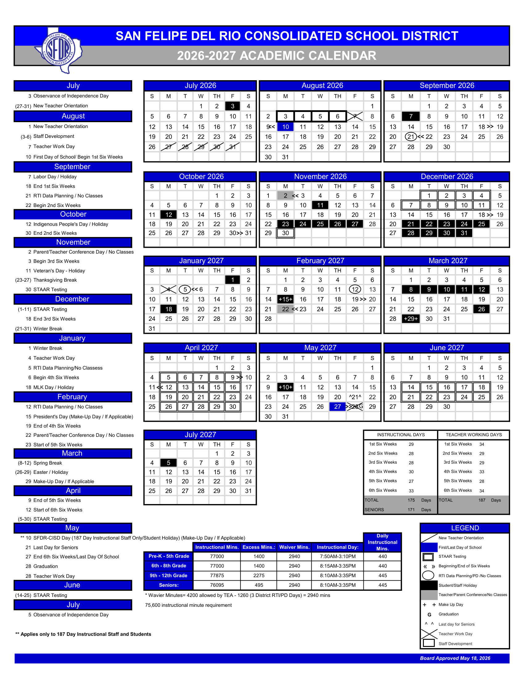 San Felipe Del Rio Consolidated School District Calendar 26-27 pdf