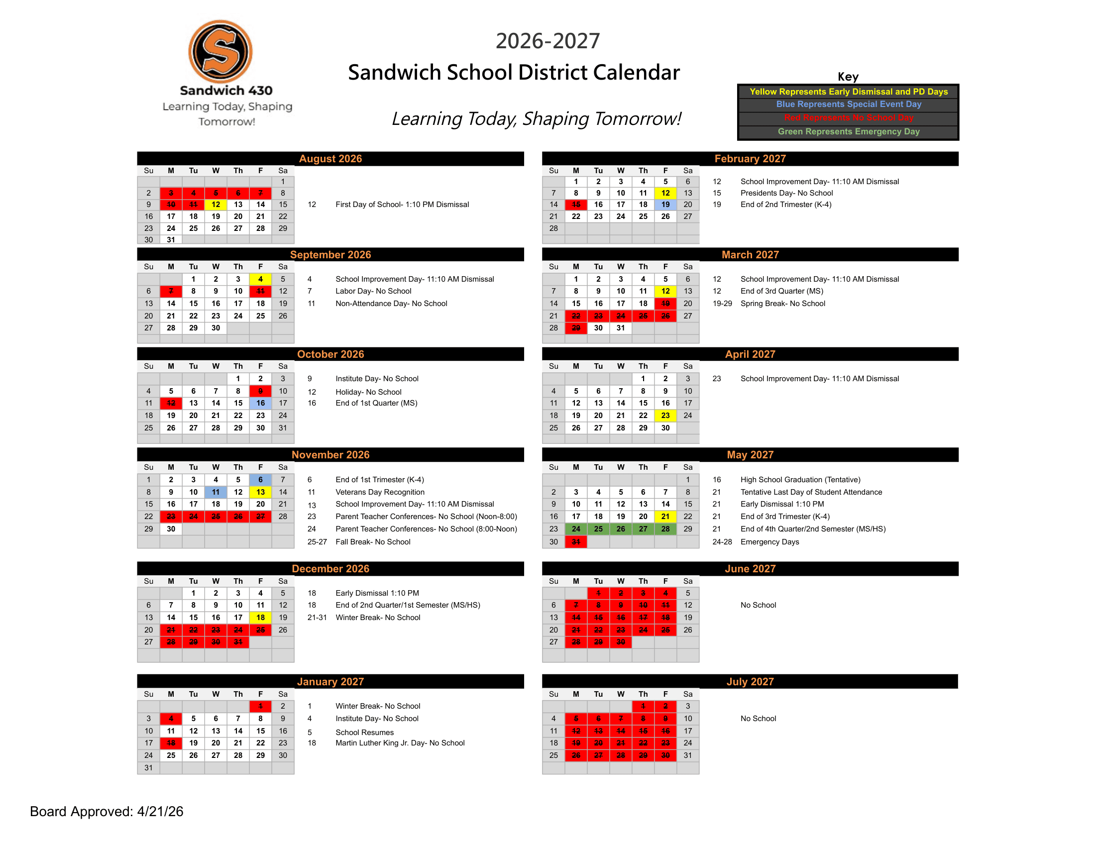 Sandwich School District Calendar 26-27 pdf