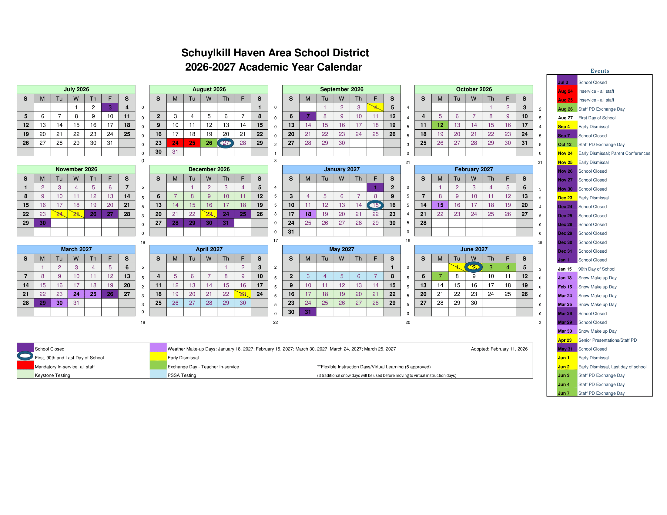 Schuylkill Haven Area School District Calendar 26-27 pdf