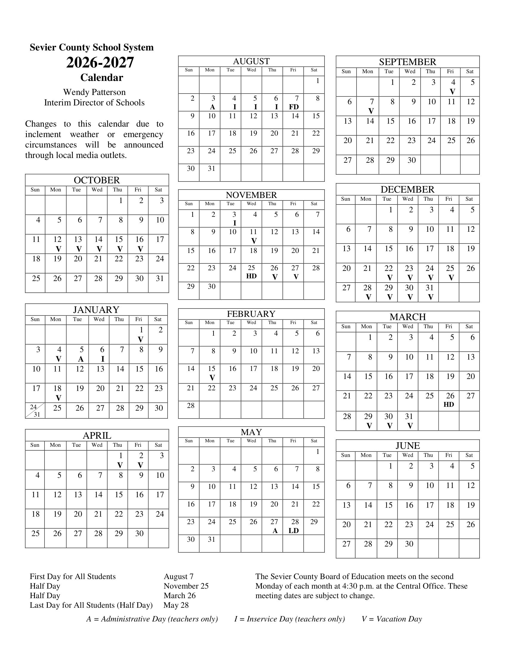 Sevier County School System Calendar 26-27 PDF
