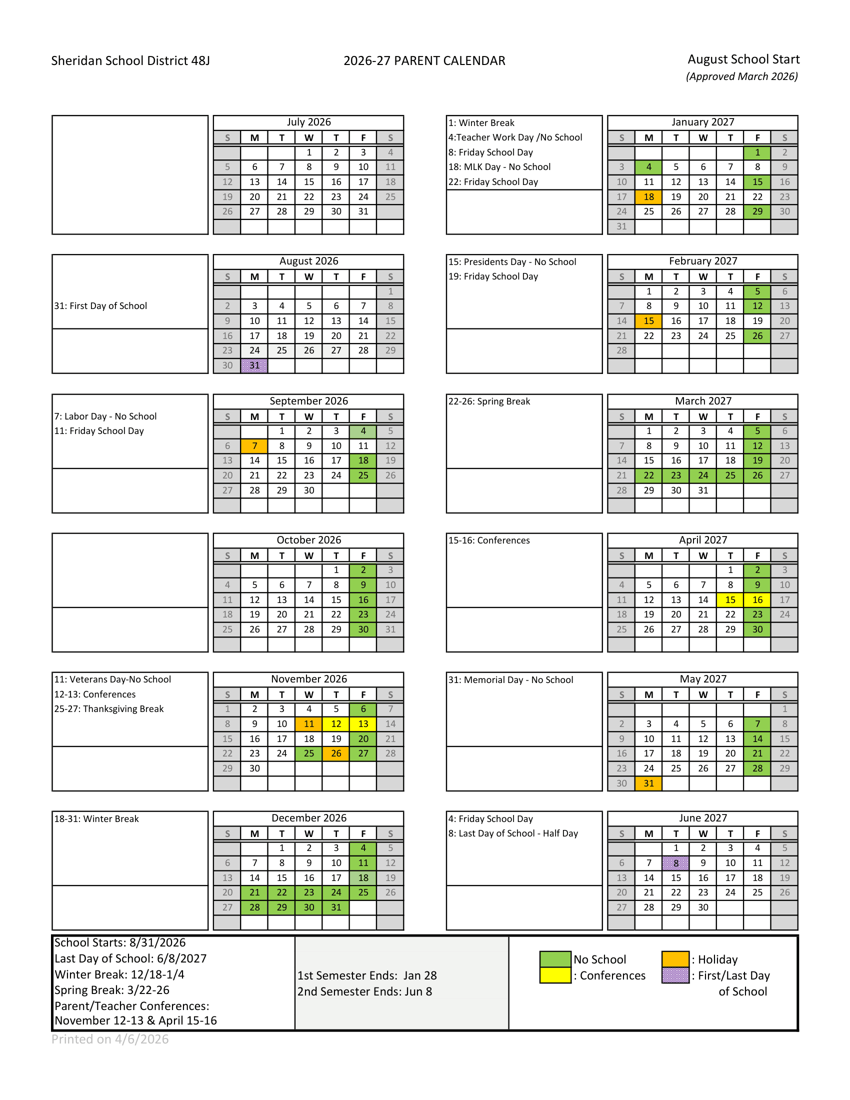 Sheridan School District 48J Calendar 26-27 PDF