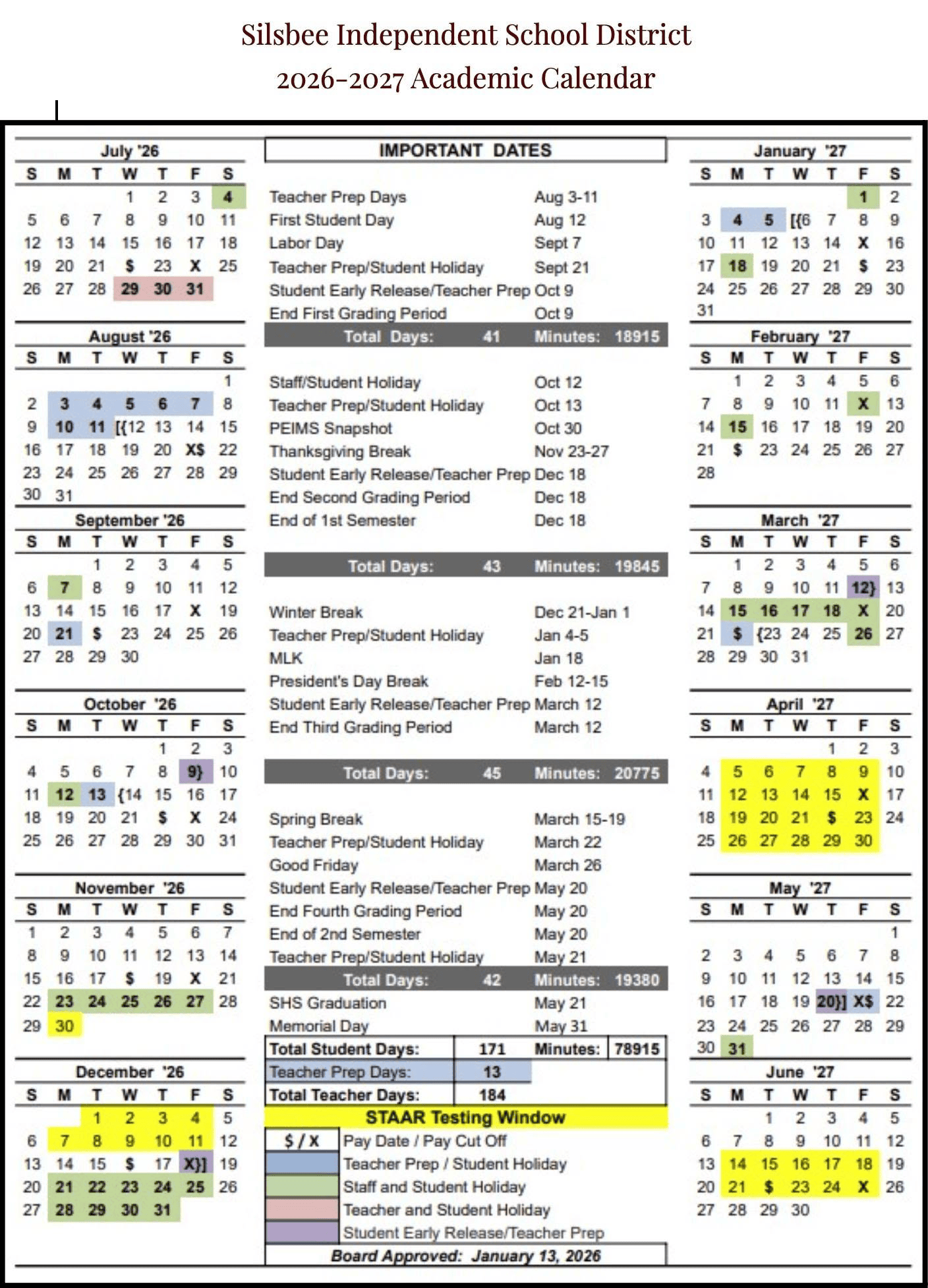 Silsbee Independent School District Calendar 26-27 pdf