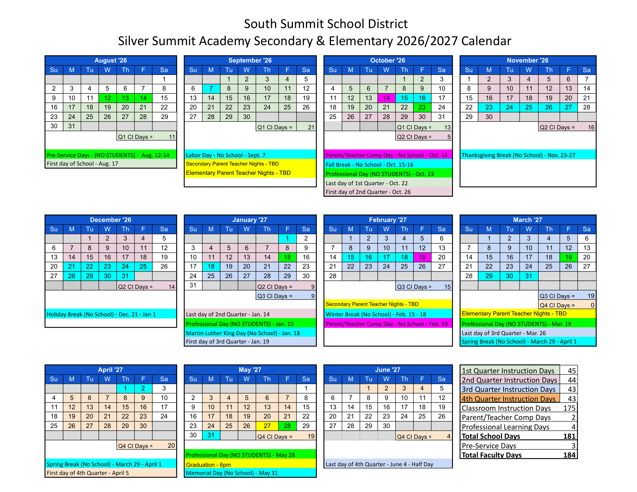 Silver Summit Academy Secondary & Elementary Calendar 26-27 PDF