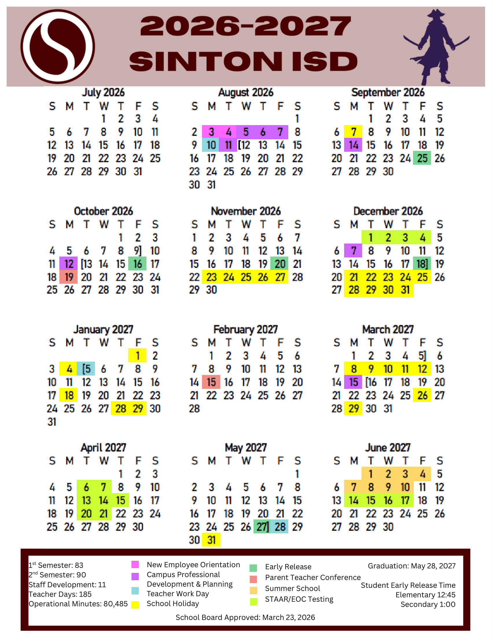 Sinton ISD Calendar 26-27 pdf