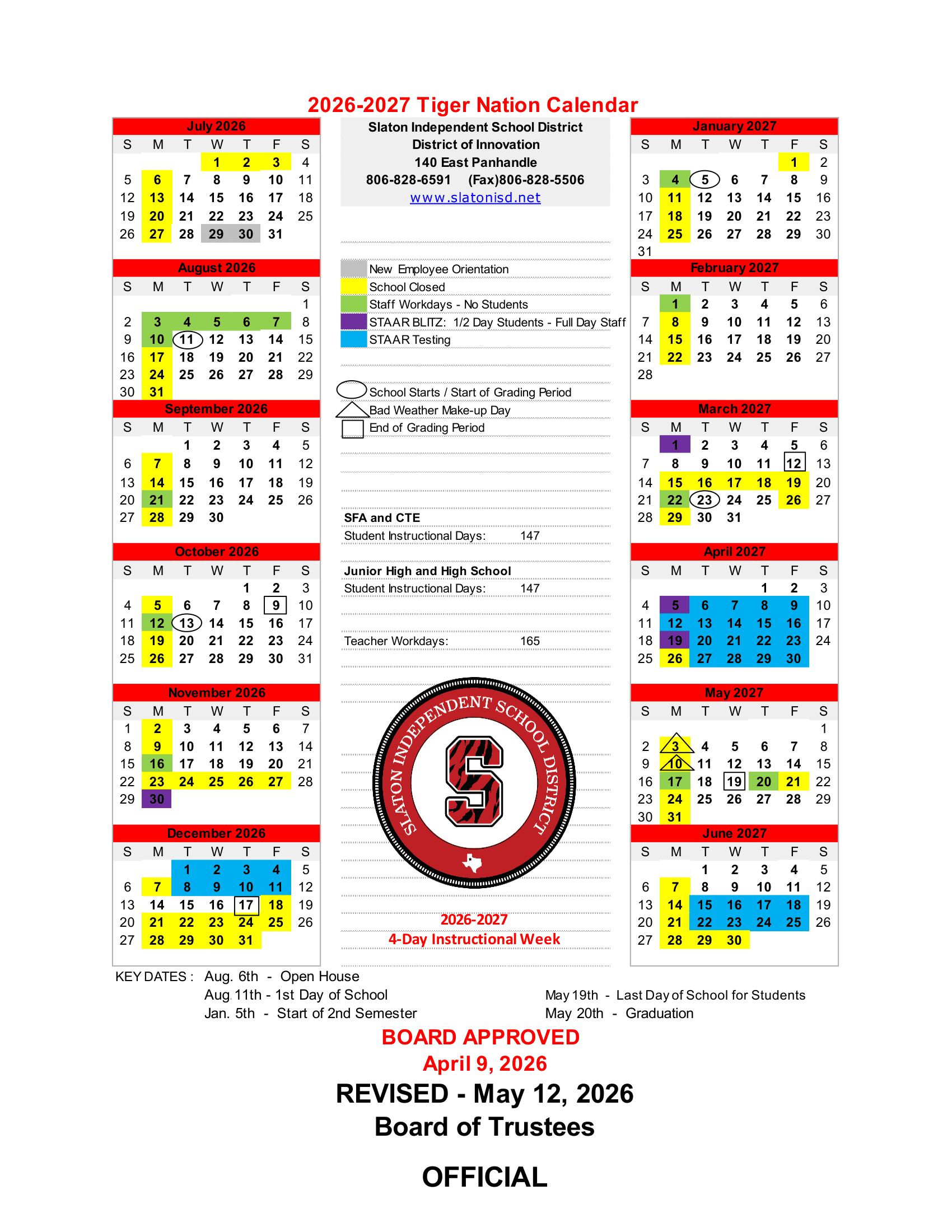 Slaton Independent School District Calendar 26-27 pdf