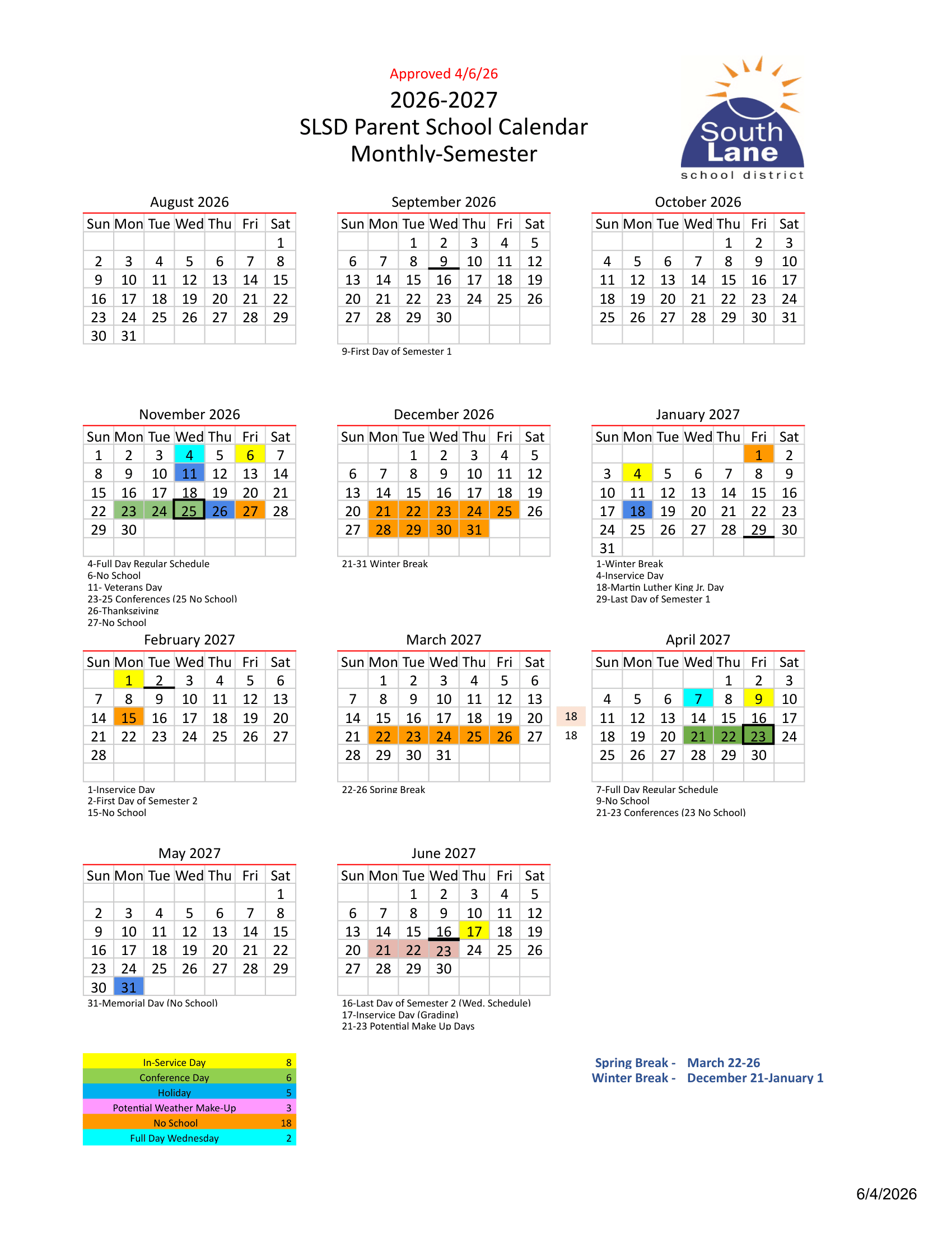 South Lane School District Calendar 26-27 PDF