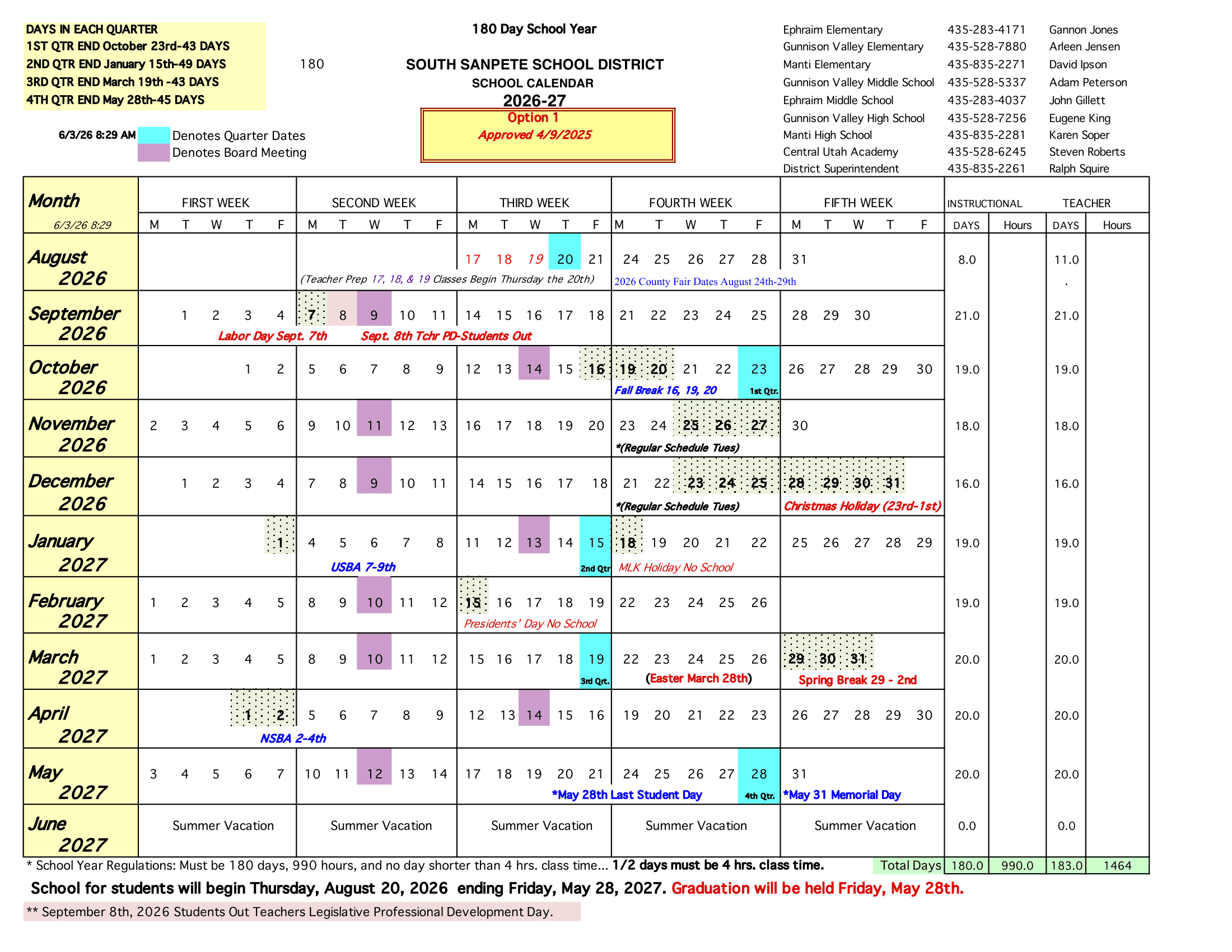 South Sanpete School District Calendar 26-27 PDF