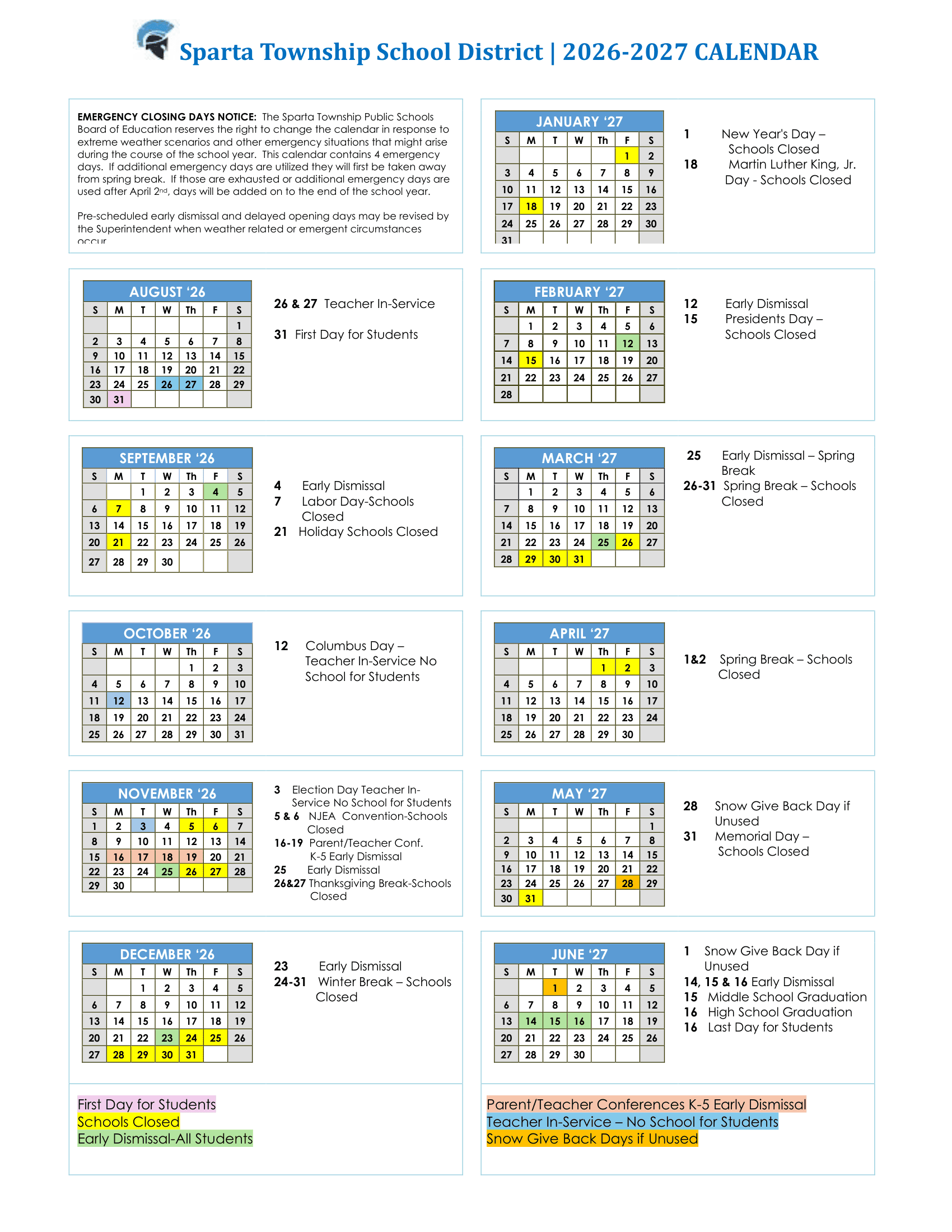 Sparta Township School District Calendar 26-27 Revised
