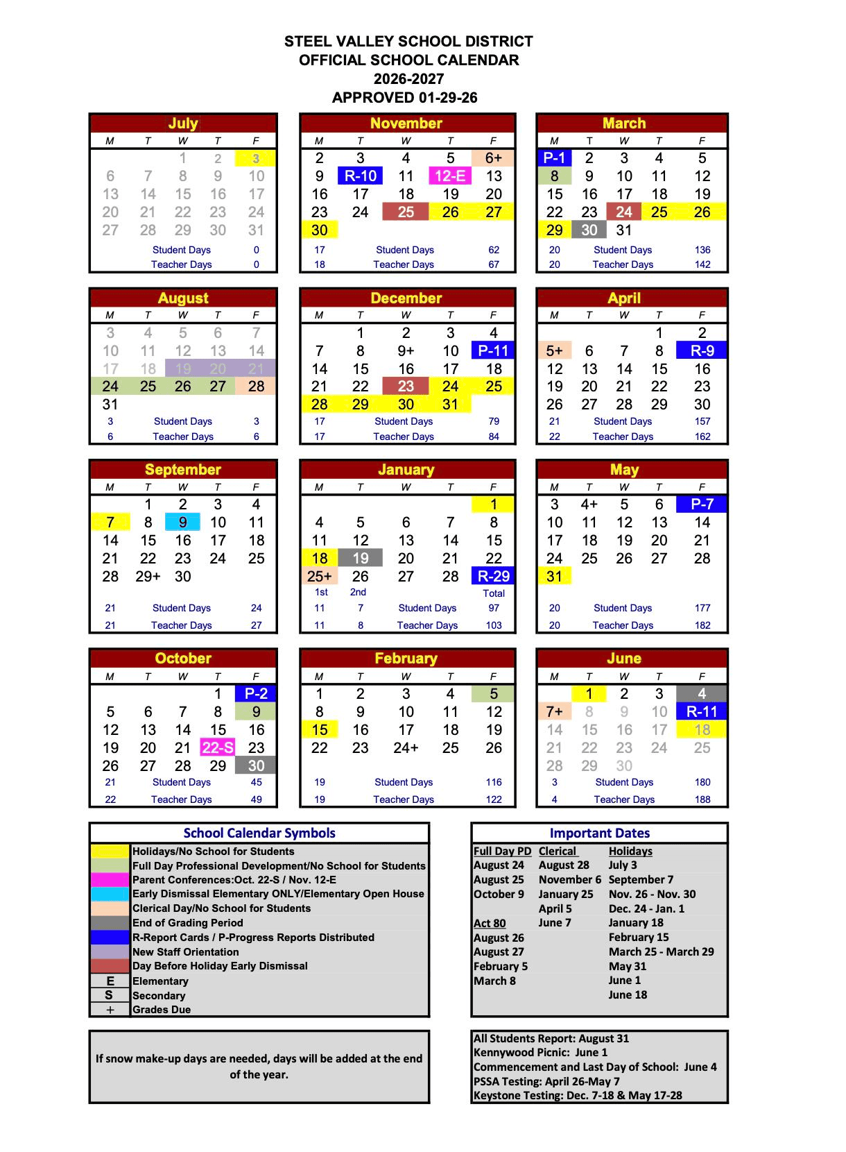 Steel Valley School District Calendar 26-27 pdf