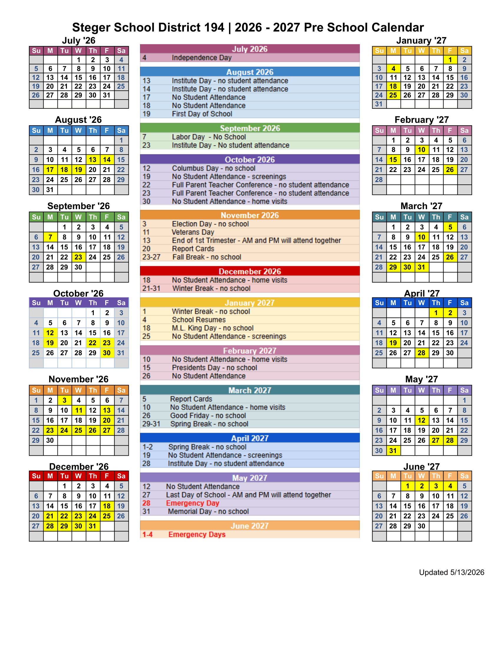 Steger School District 194 | 2026 - 2027 Pre School Calendar Calendar 26-27 pdf