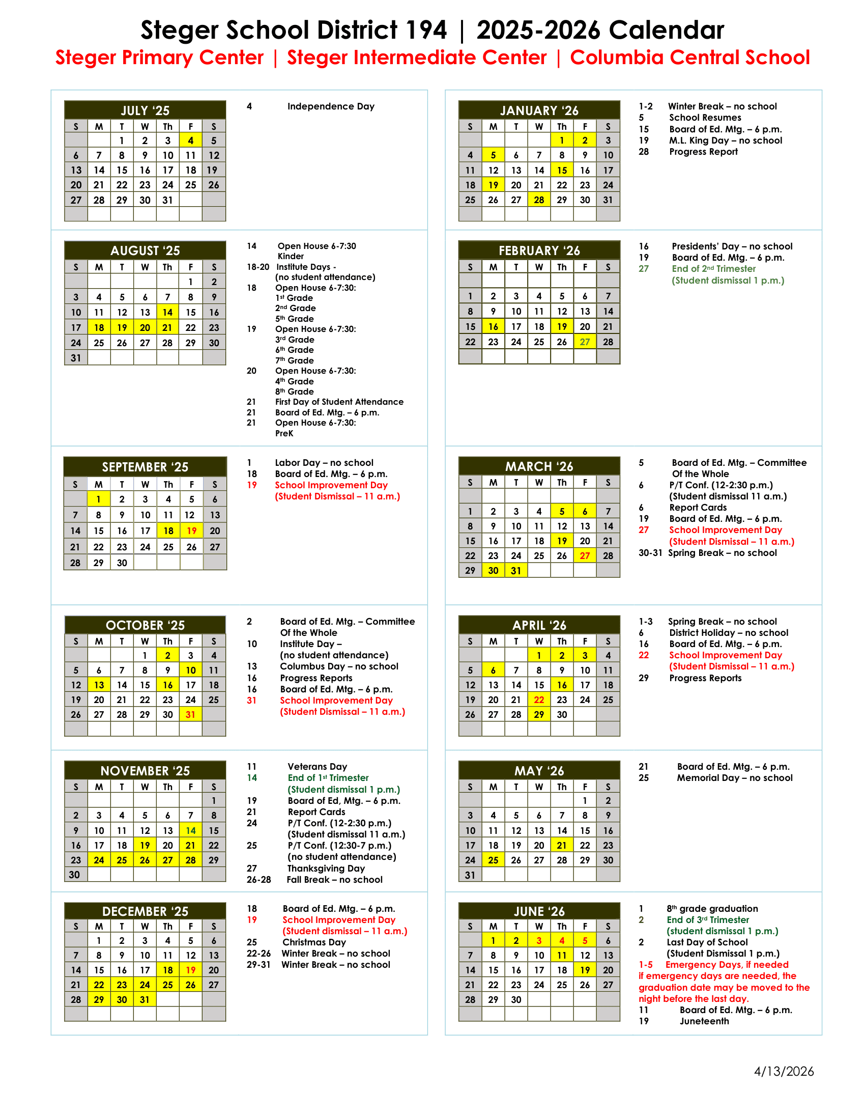 Steger School District 194 Calendar 25-26 pdf