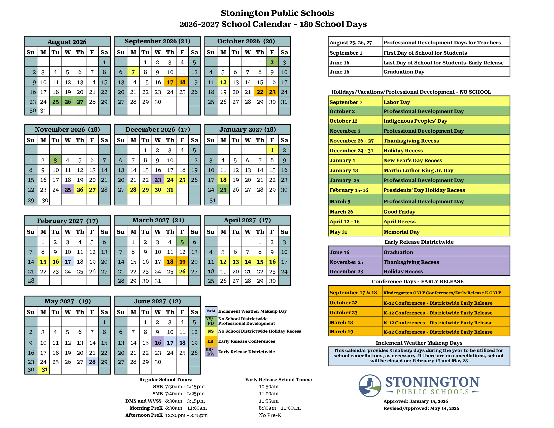 Stonington Public Schools Calendar 26-27 pdf