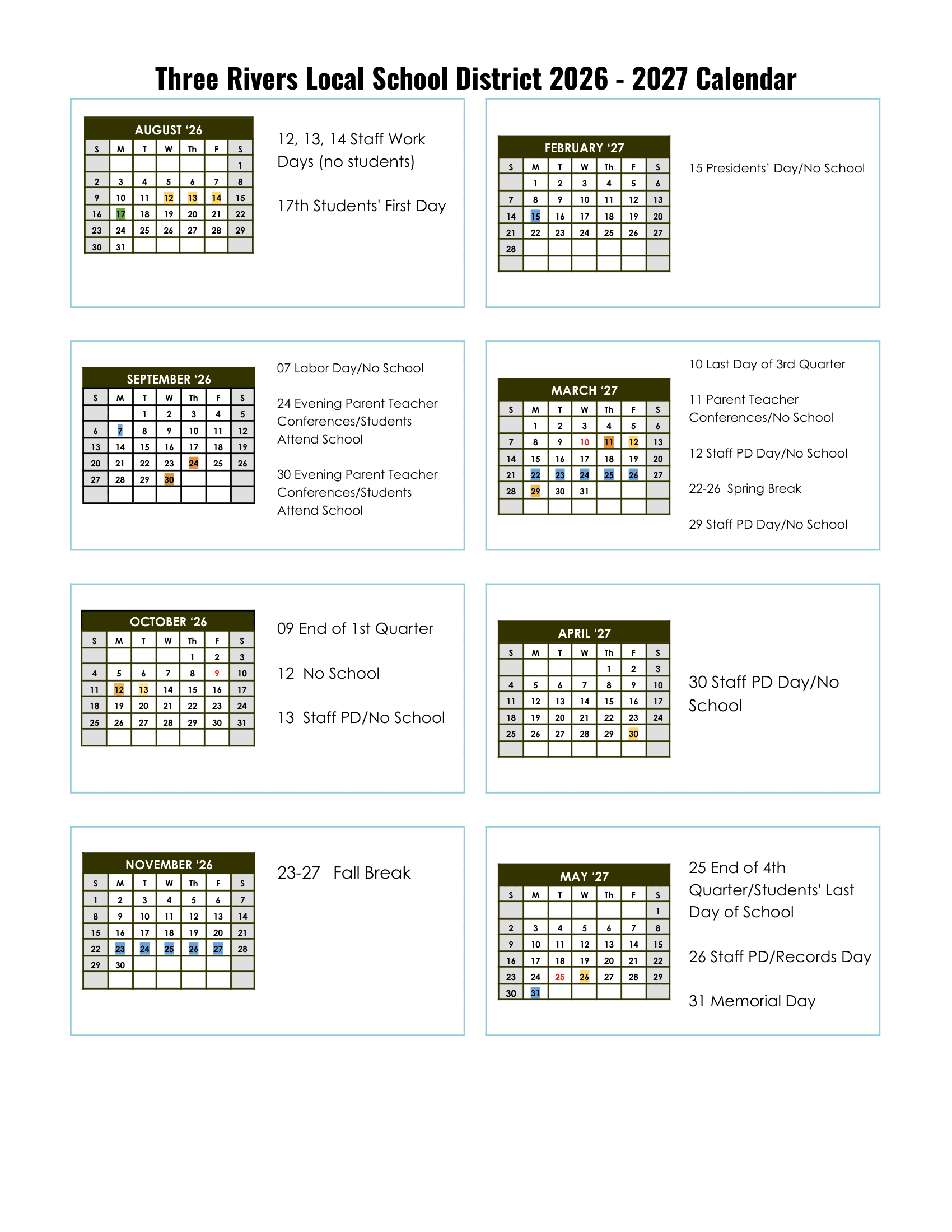 Three Rivers Local School District Calendar 26-27 pdf