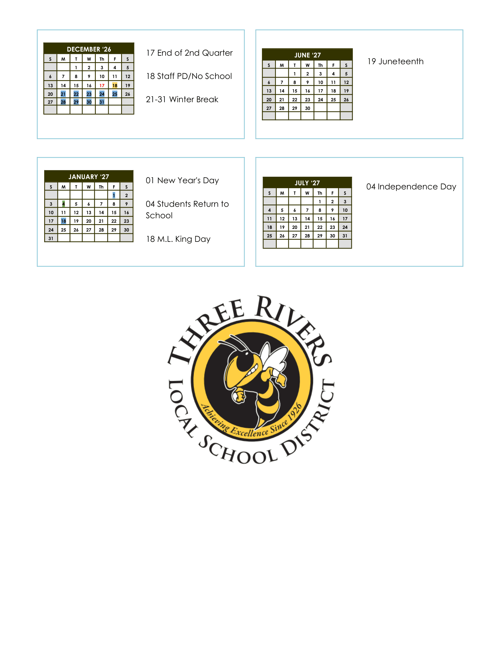 Three Rivers Local School District Calendar 26-27 pdf