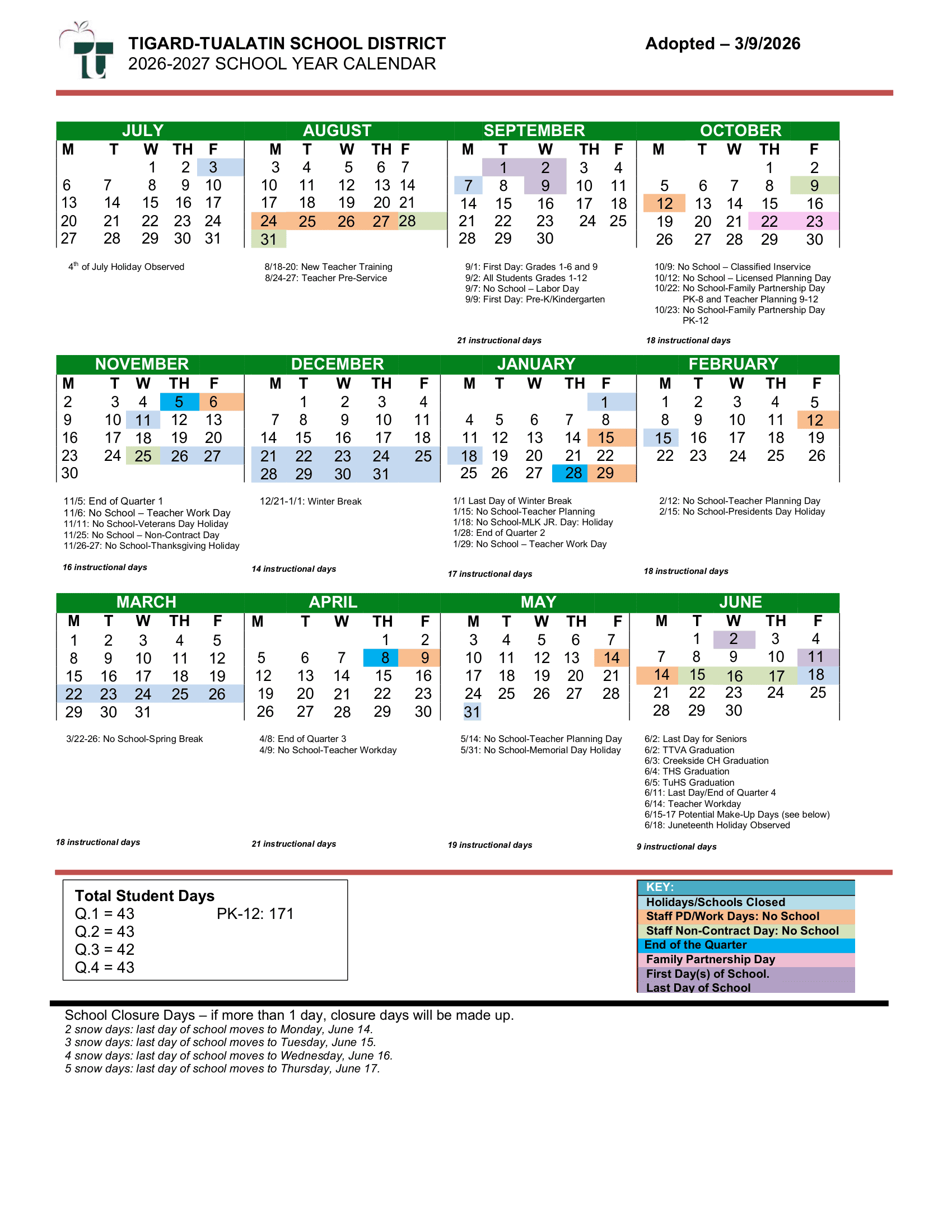 Tigard-Tualatin School District Calendar 26-27 PDF