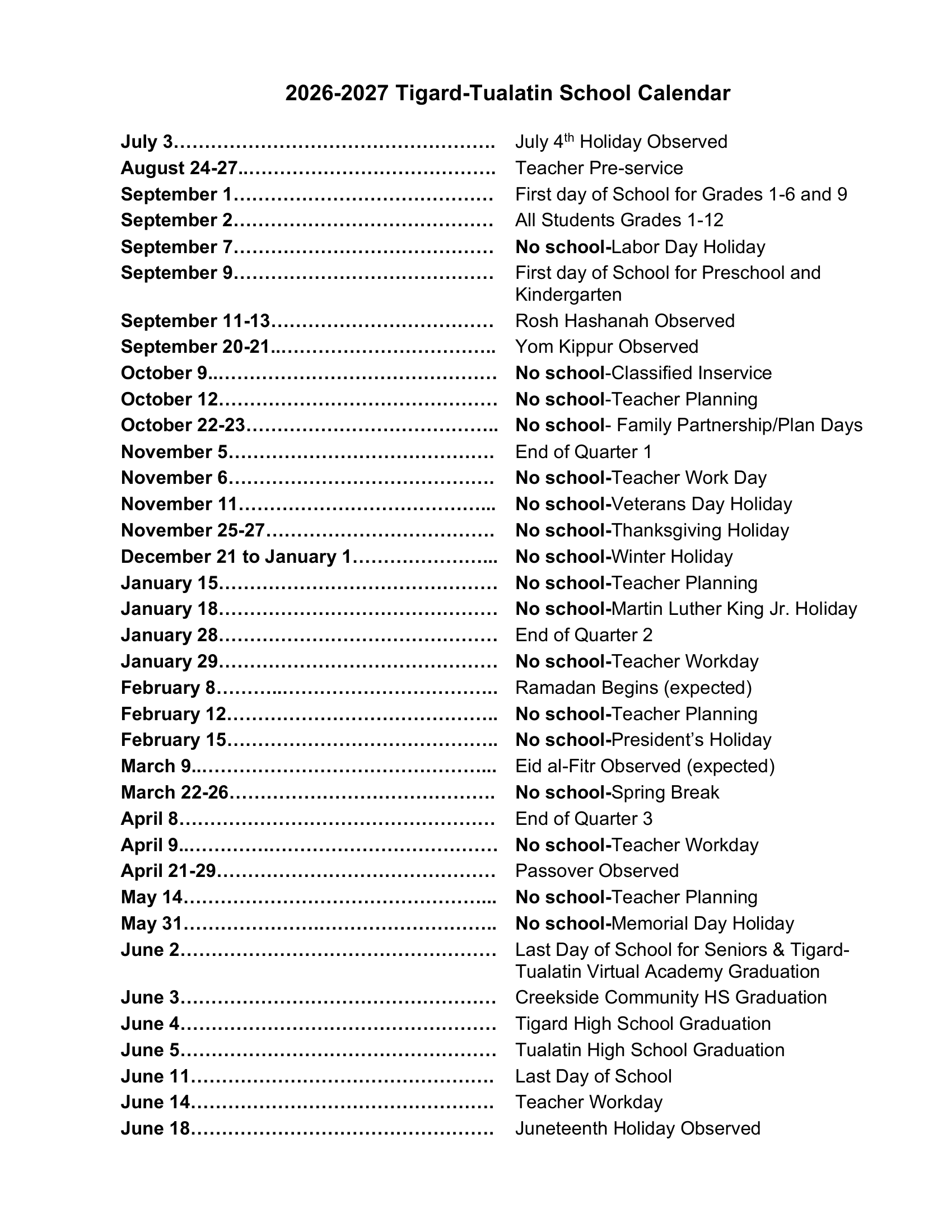 Tigard-Tualatin School District Calendar 26-27 PDF