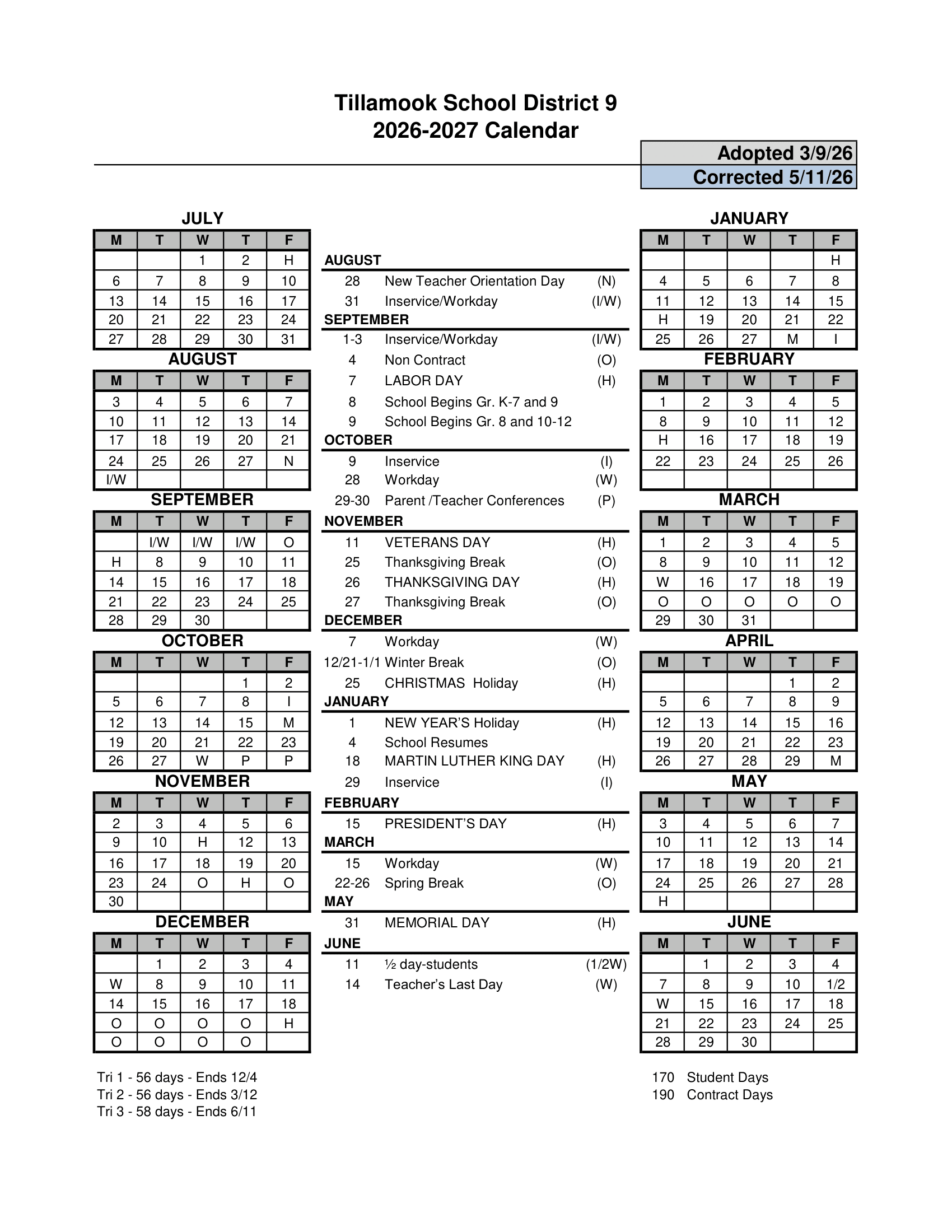 Tillamook School District 9 Calendar 26-27 PDF