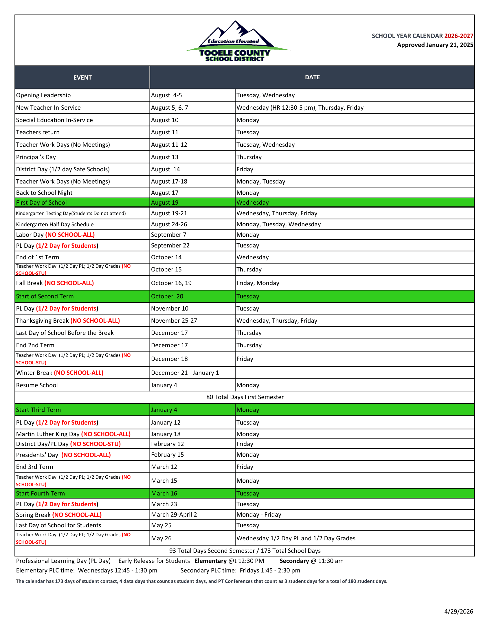 Tooele County School District Calendar 26-27 PDF