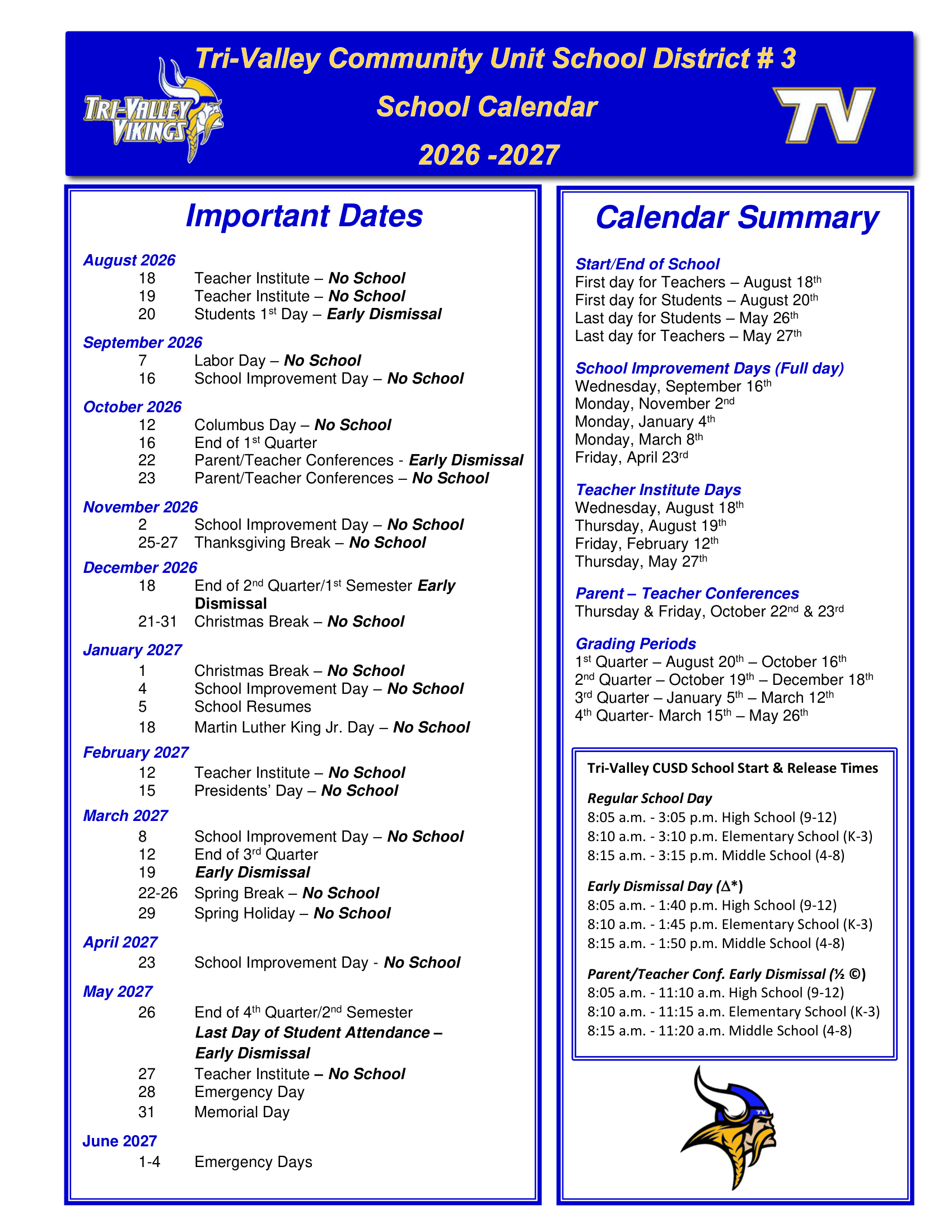 Tri-Valley Community Unit School District #3 Calendar 26-27 Revised