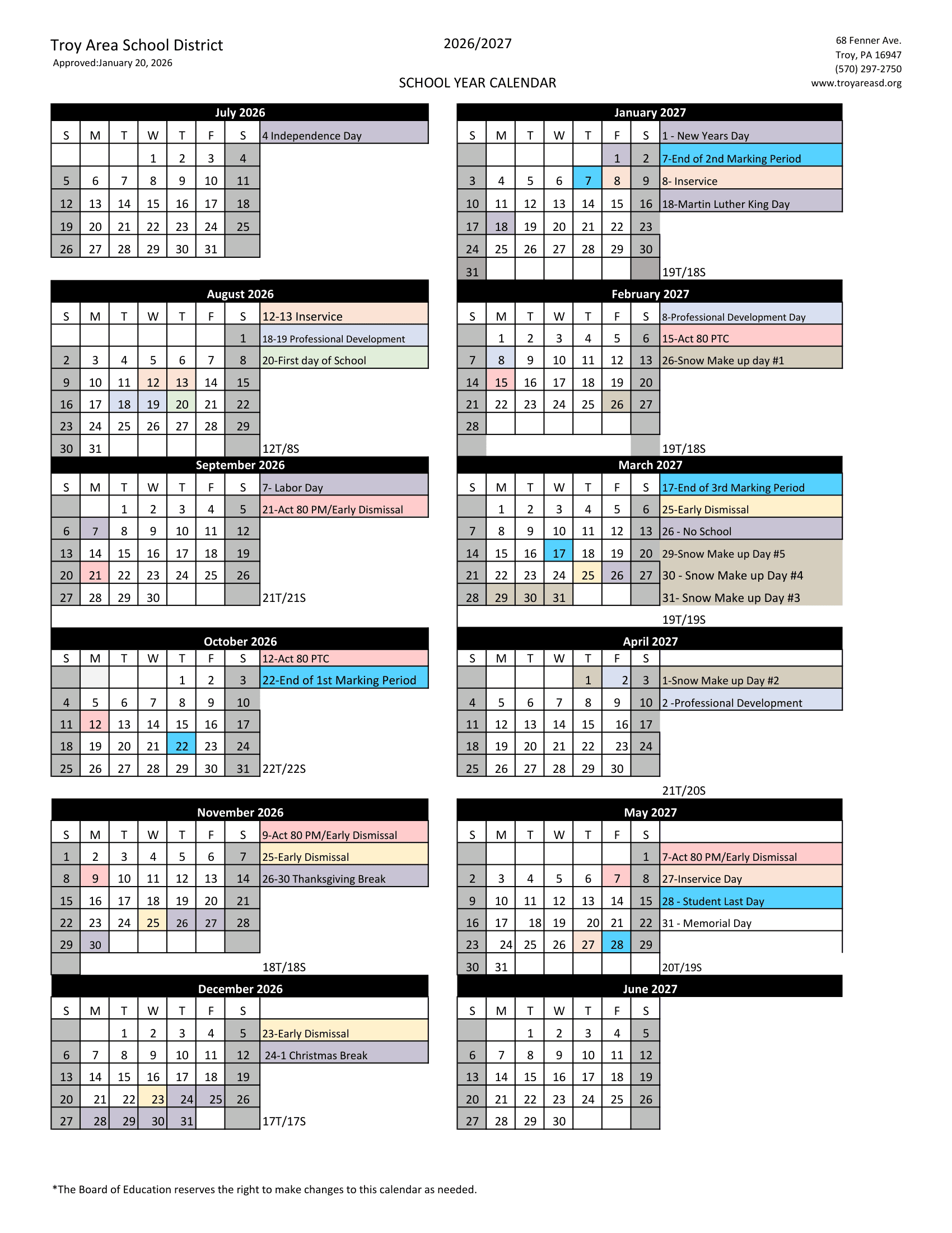 Troy Area School District Calendar 26-27 pdf