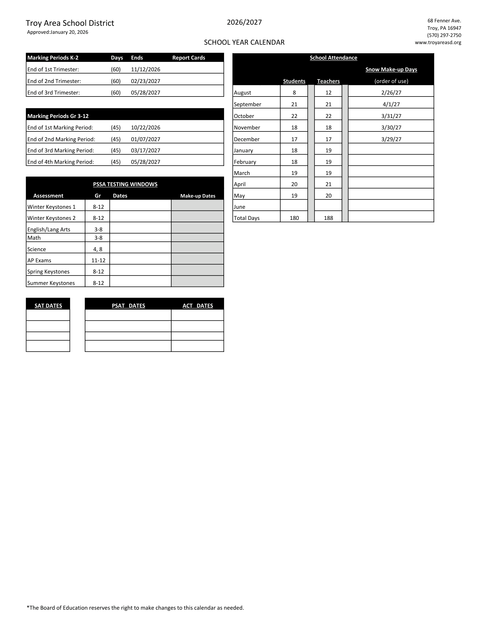 Troy Area School District Calendar 26-27 pdf