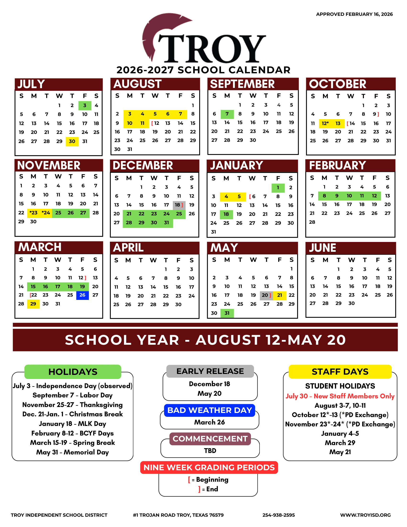 Troy Independent School District Calendar 26-27 pdf