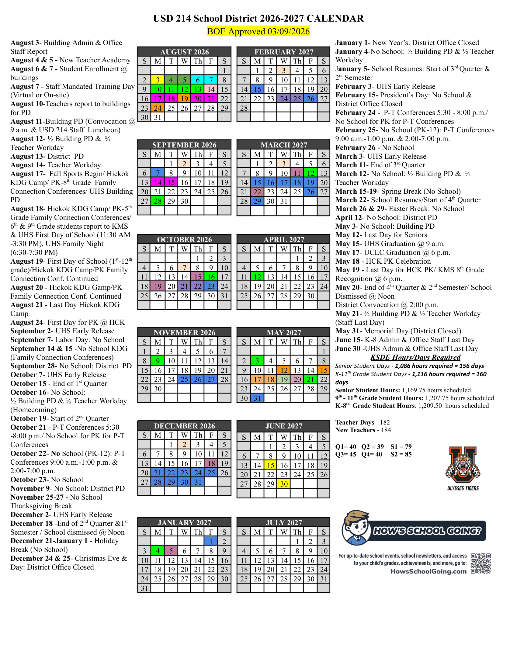 USD 214 School District Calendar 26-27 Revised
