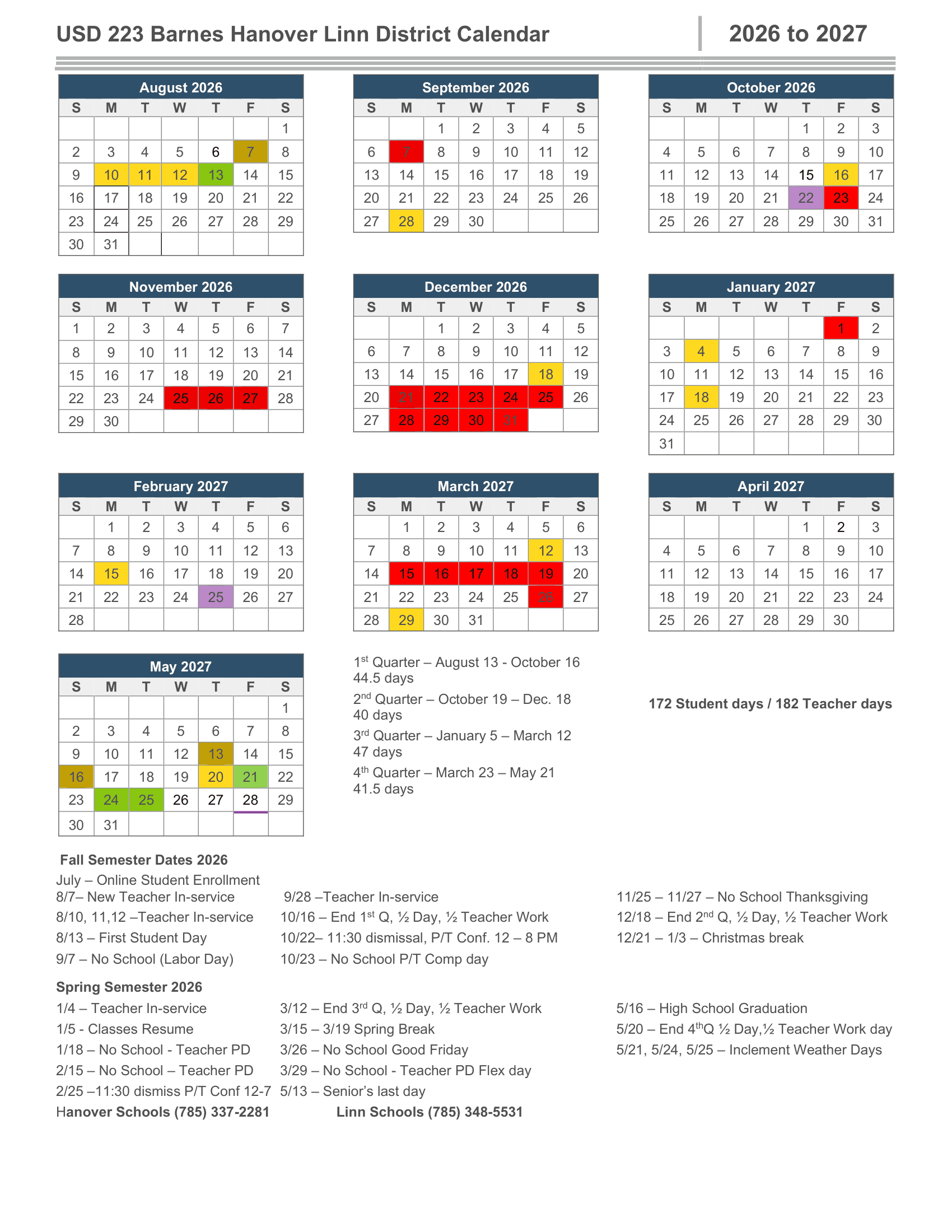 USD 223 Barnes Hanover Linn District Calendar 26-27 Revised